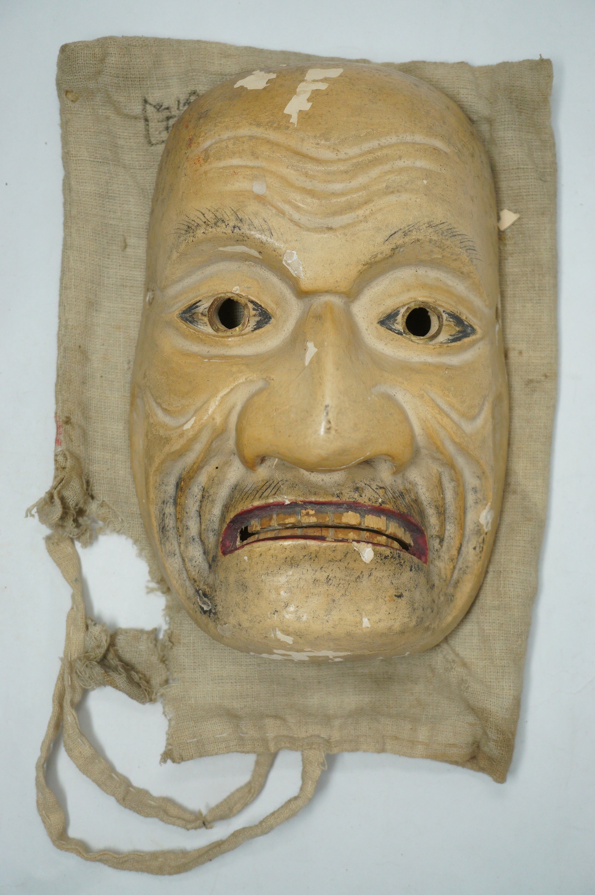 Japanese Meiji Era Noh-Theater Wooden Mask Original in Linen Bag from Japan 0331F11