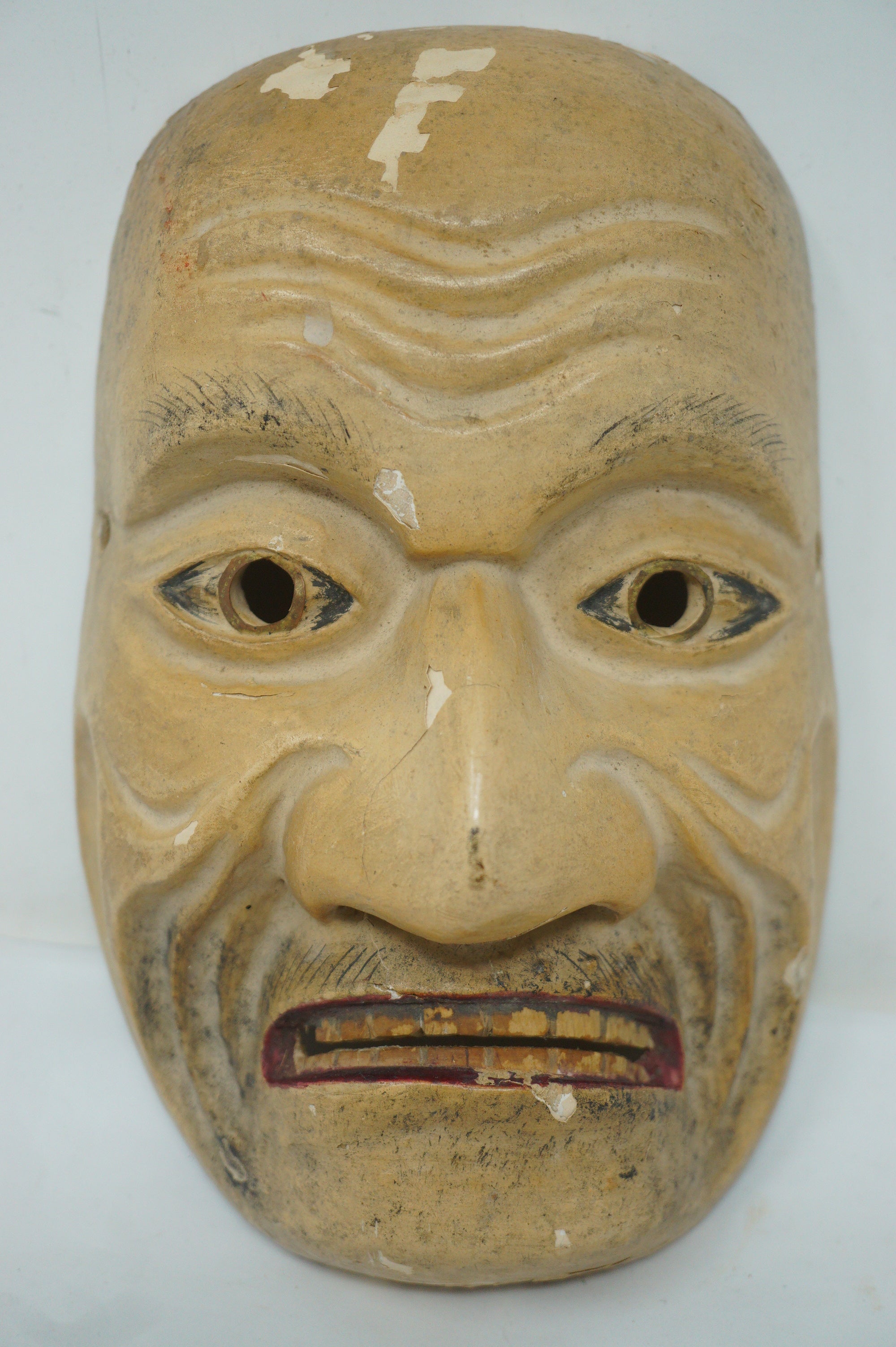 Japanese Meiji Era Noh-Theater Wooden Mask Original in Linen Bag from Japan 0331F11