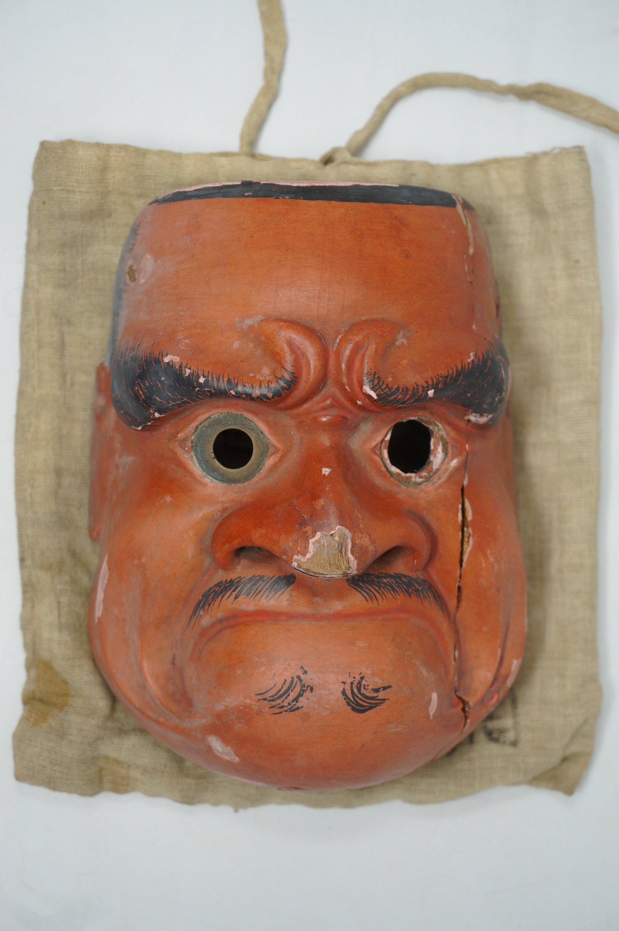 Japanese Meiji Era Noh-Theater Wooden Mask Original in Linen Bag from Japan 0331F12