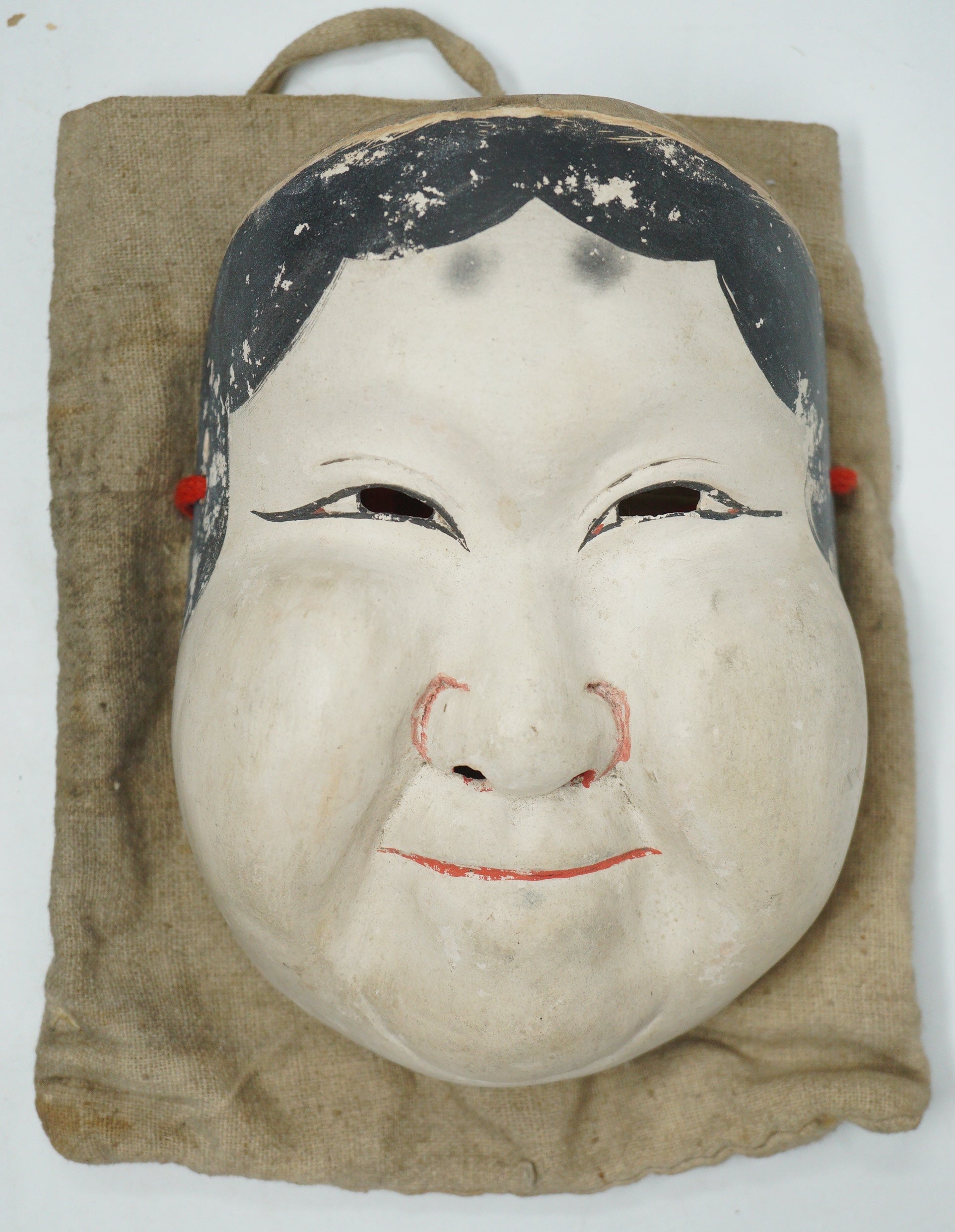 Japanese Meiji Era Noh-Theater Okame Style Wooden Mask Original in Linen Bag from Japan 0331F13
