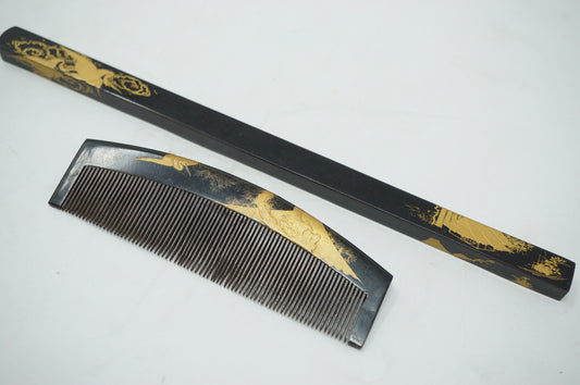 Japanese Vintage Hair Accessory Set Pin & Comb Signed with Maki-e Lacquer 1101D17