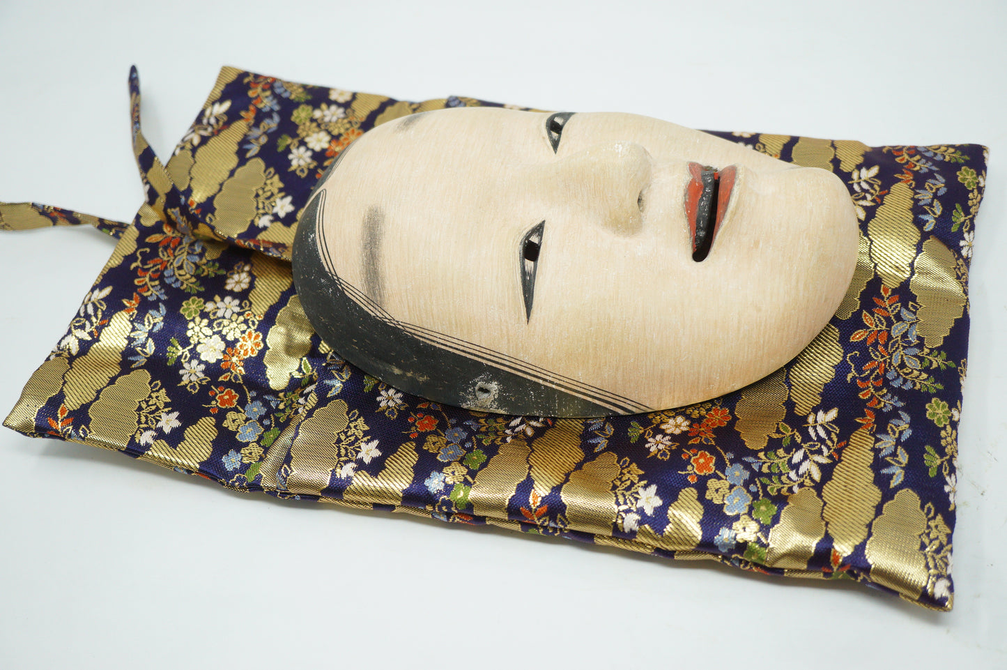 Japanese Fukai Woman's Noh Theater Wooden Mask in Silk Bag Original from Japan 0425F33
