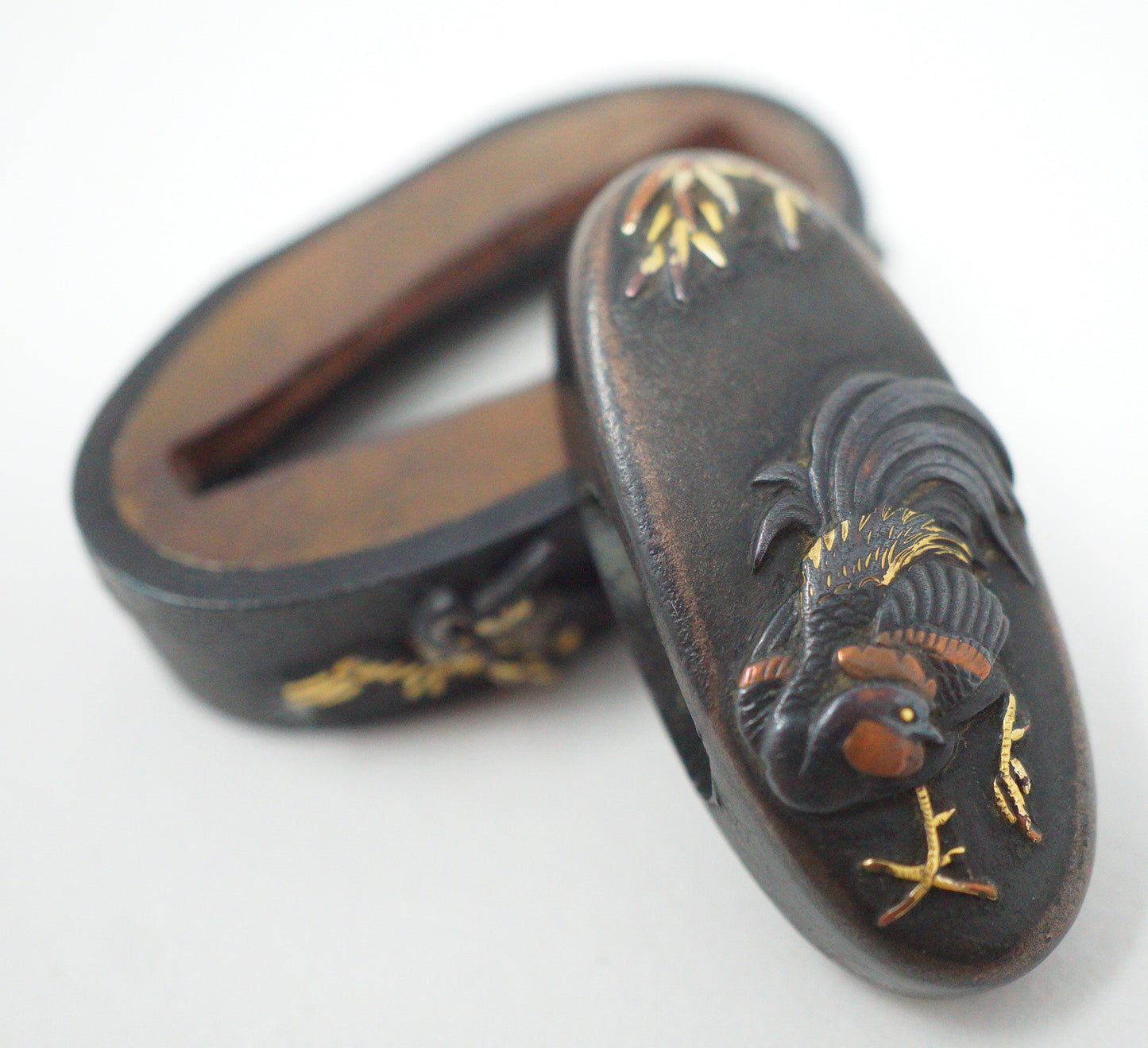 Japanese Kashira & Fuchi Sword Parts Set Rooster & Crane Design with Gold Inlays 0706D4