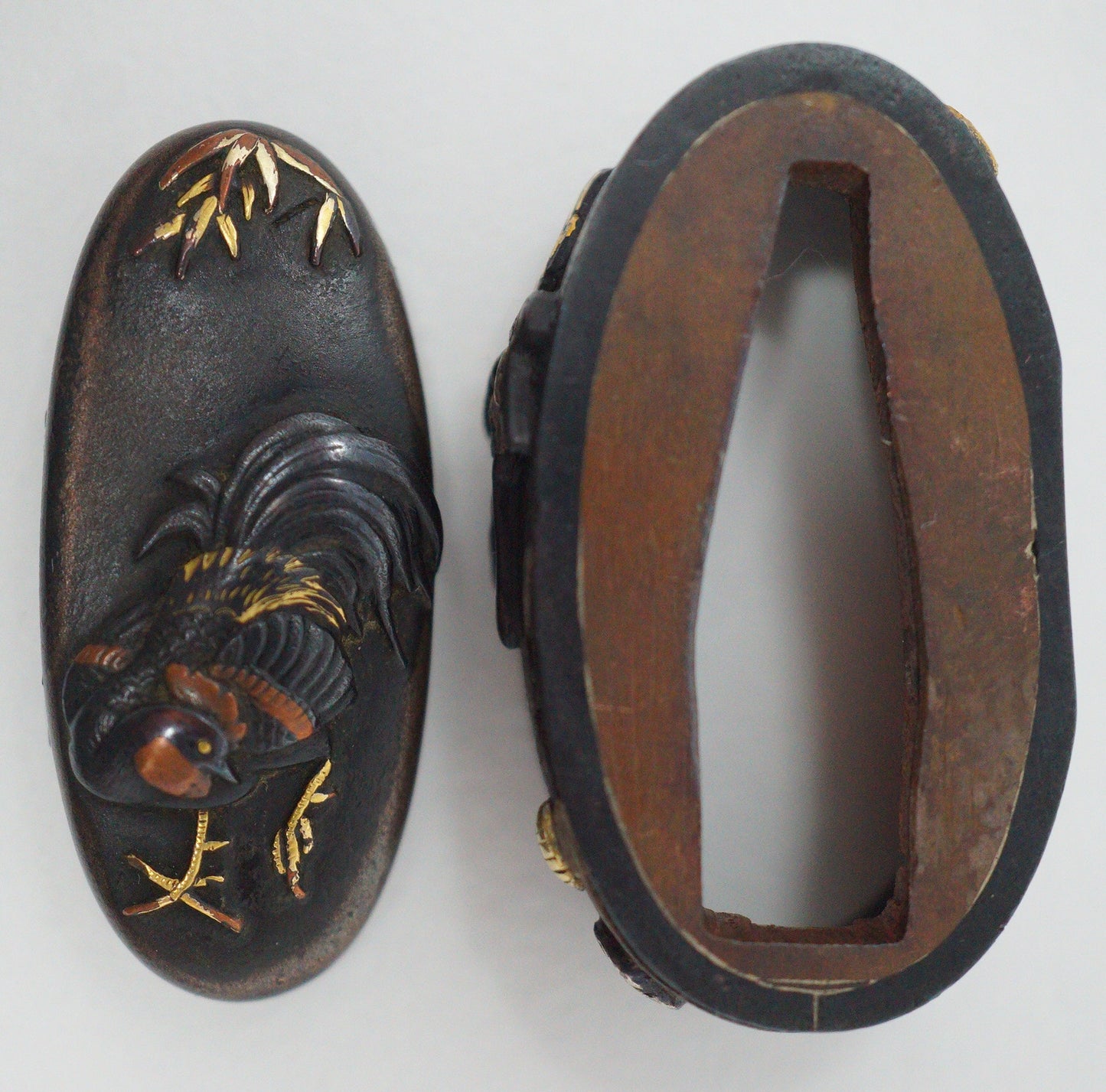Japanese Kashira & Fuchi Sword Parts Set Rooster & Crane Design with Gold Inlays 0706D4
