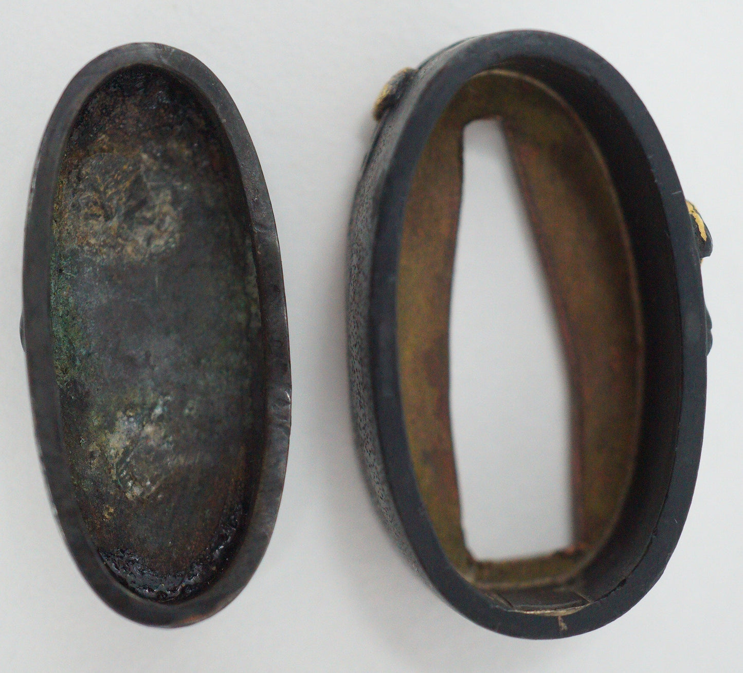 Japanese Kashira & Fuchi Sword Parts Set Rooster & Crane Design with Gold Inlays 0706D4