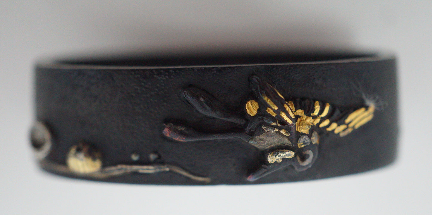 Japanese Kashira & Fuchi Sword Parts Set Rooster & Crane Design with Gold Inlays 0706D4