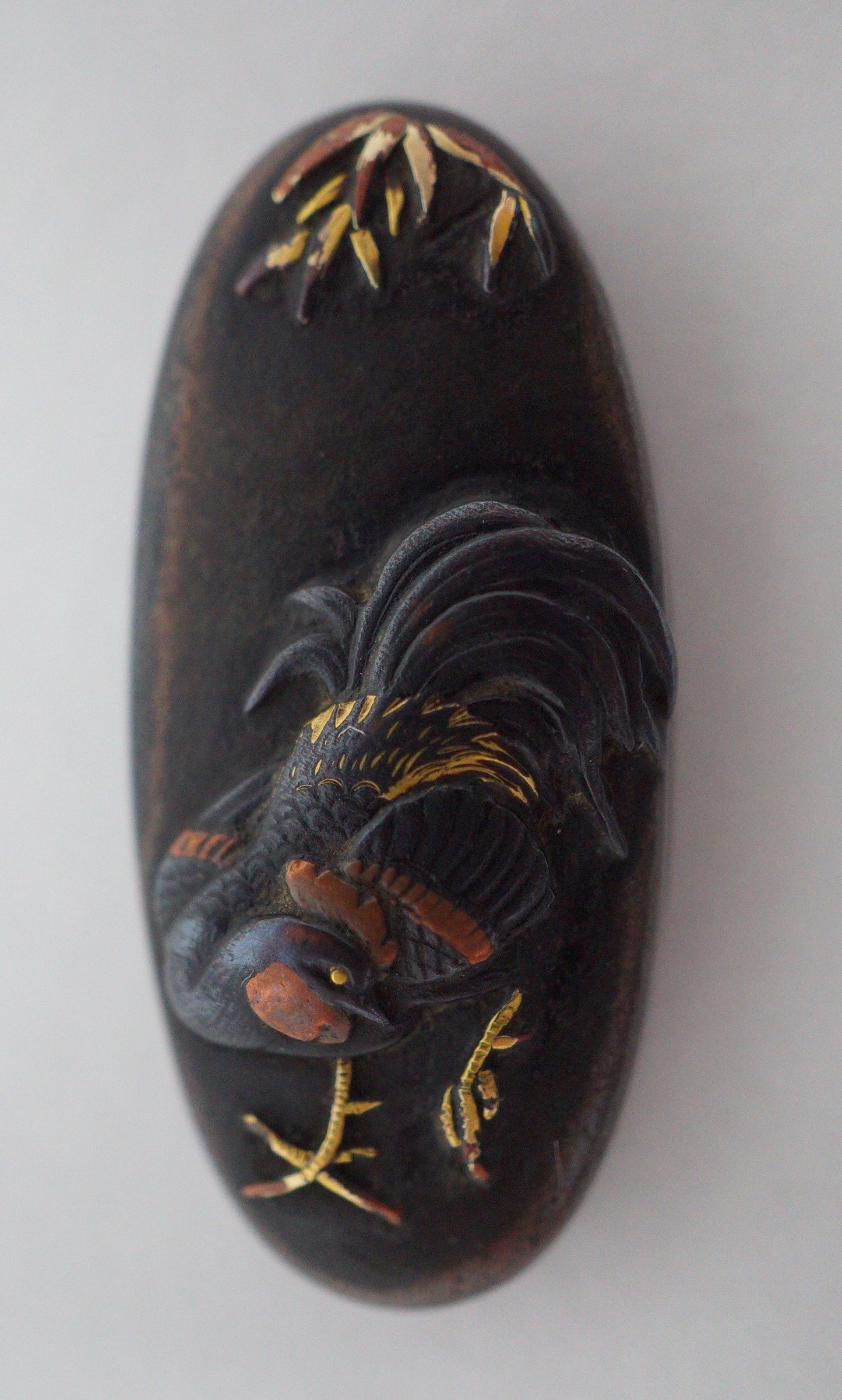 Japanese Kashira & Fuchi Sword Parts Set Rooster & Crane Design with Gold Inlays 0706D4