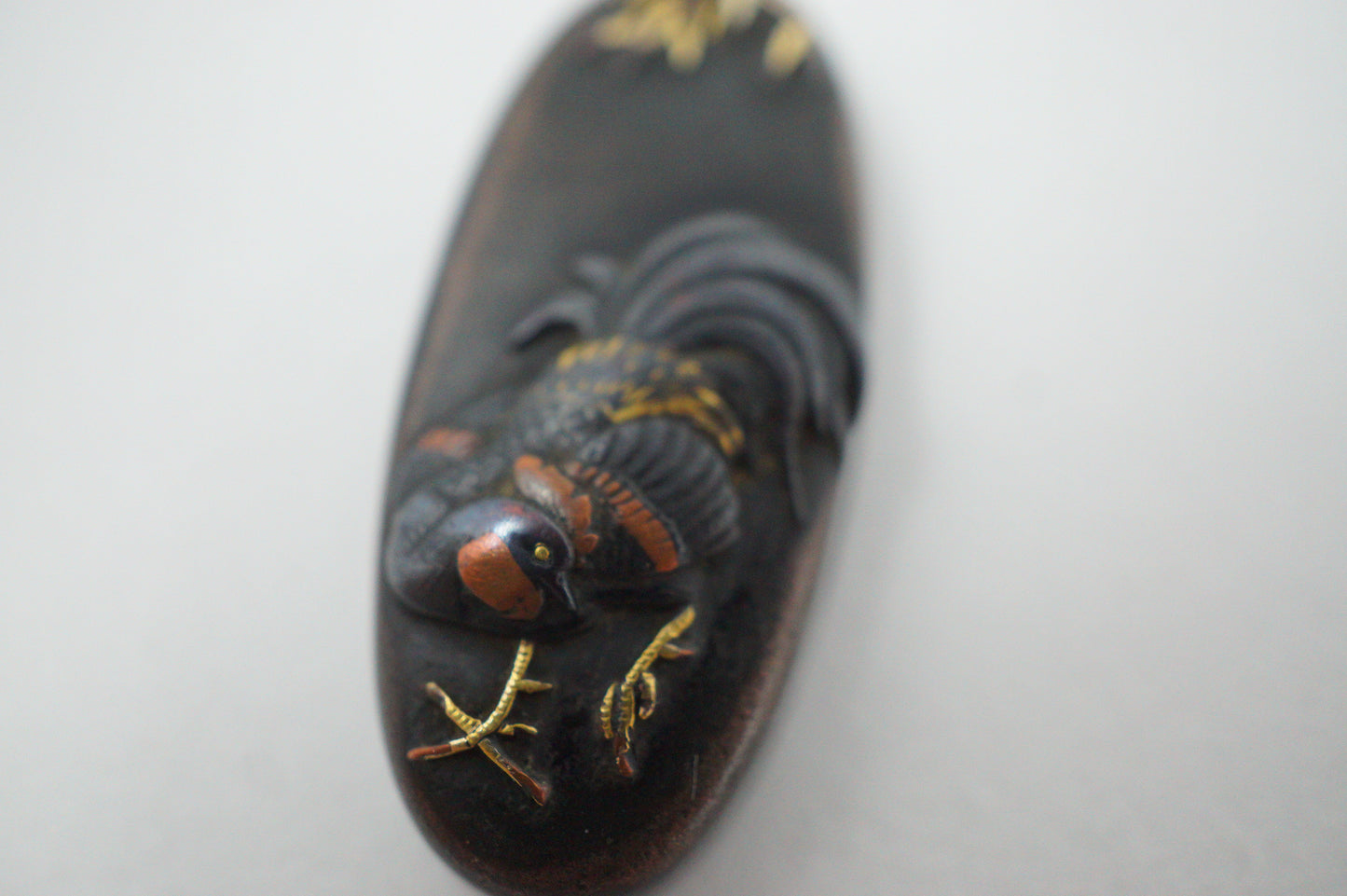 Japanese Kashira & Fuchi Sword Parts Set Rooster & Crane Design with Gold Inlays 0706D4
