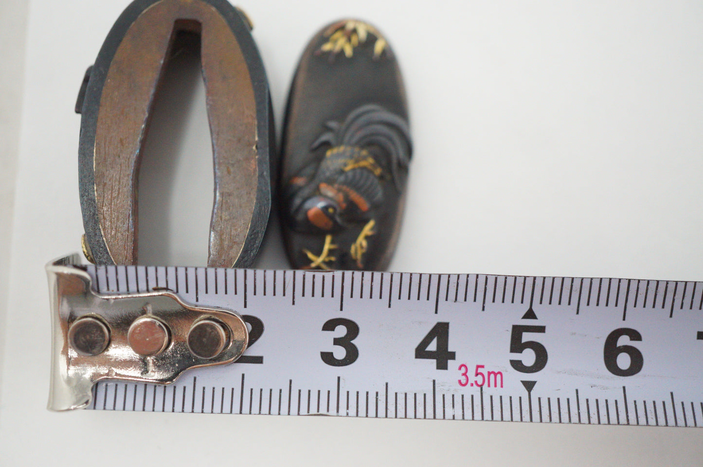 Japanese Kashira & Fuchi Sword Parts Set Rooster & Crane Design with Gold Inlays 0706D4