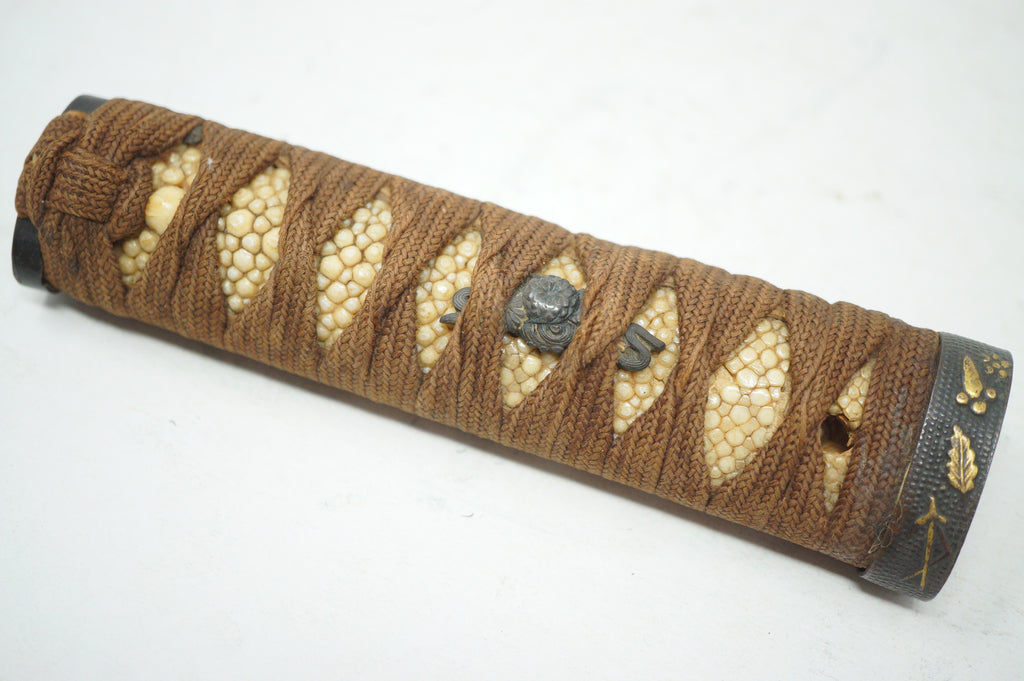 Antique Edo Period Japanese Wakizashi Tsuka • Floral & Arrow Gold Inlay Fuchi • Naturalistic Menuki Sword Handle 0623G10