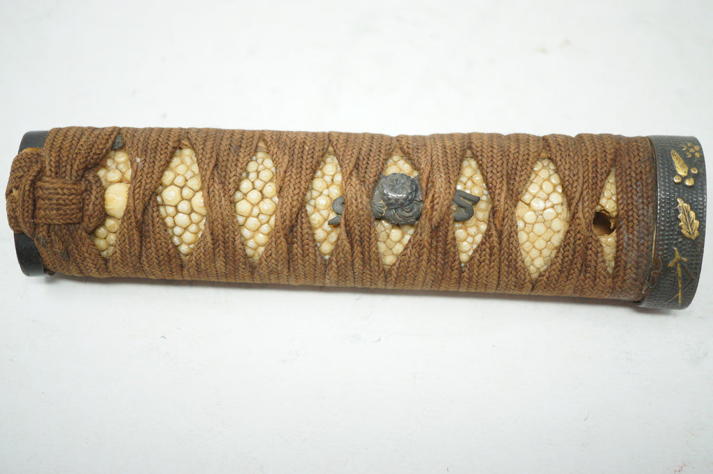 Antique Edo Period Japanese Wakizashi Tsuka • Floral & Arrow Gold Inlay Fuchi • Naturalistic Menuki Sword Handle 0623G10