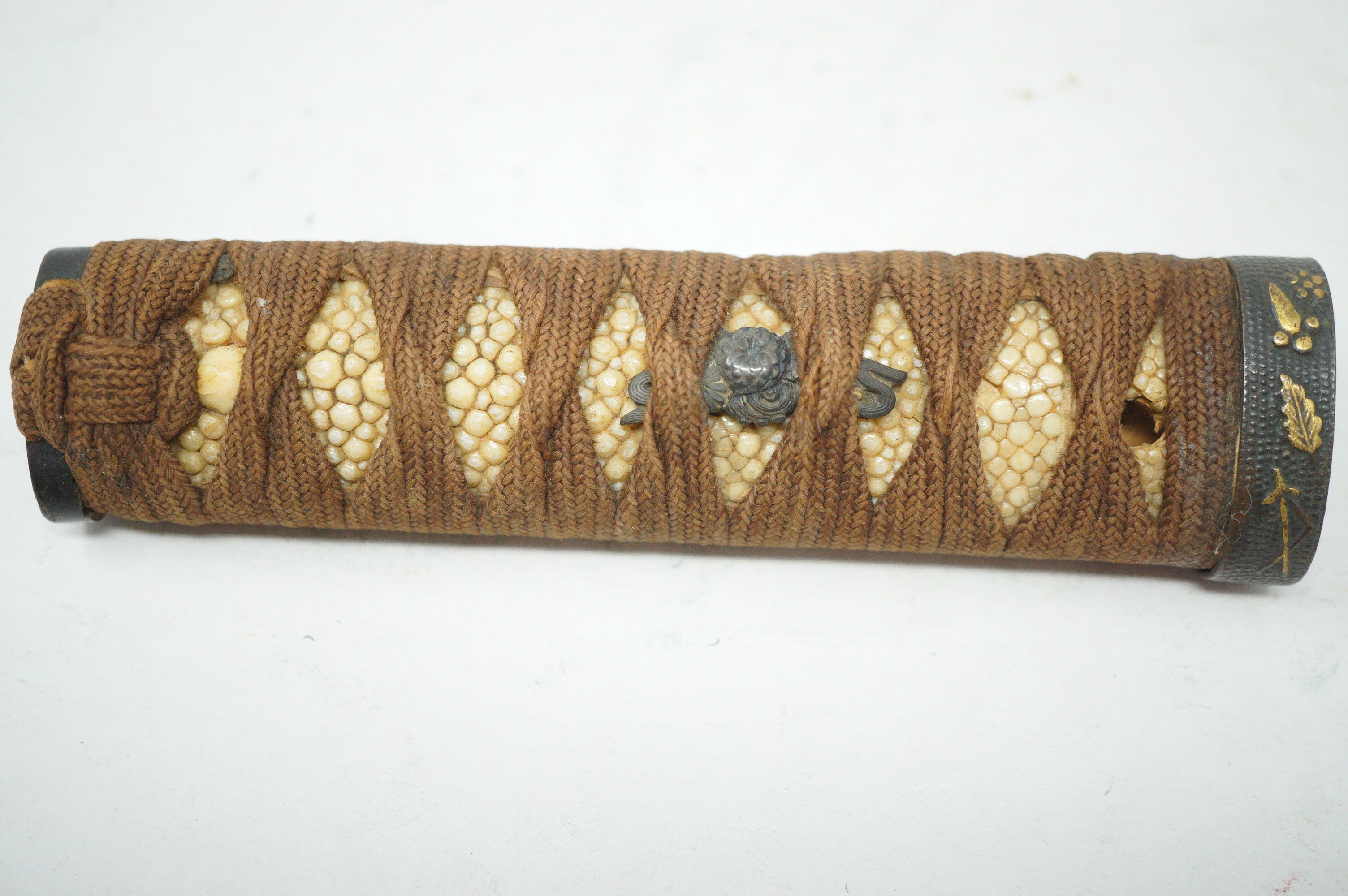 Antique Edo Period Japanese Wakizashi Tsuka • Floral & Arrow Gold Inlay Fuchi • Naturalistic Menuki Sword Handle 0623G10