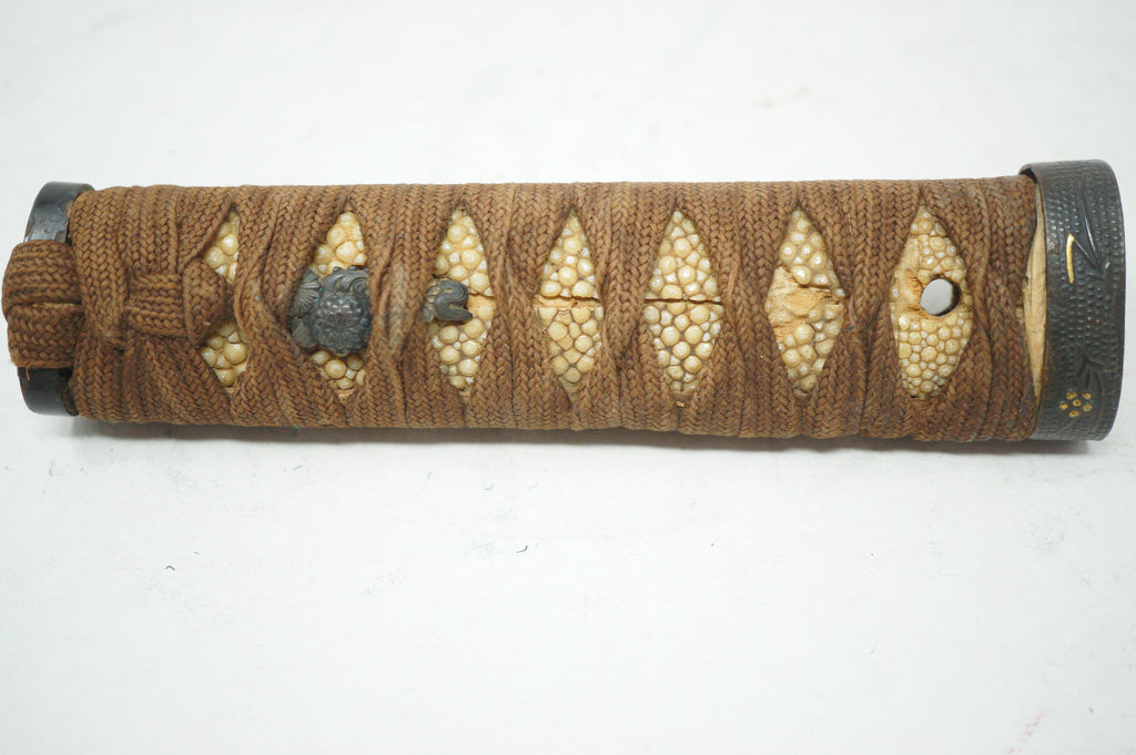 Antique Edo Period Japanese Wakizashi Tsuka • Floral & Arrow Gold Inlay Fuchi • Naturalistic Menuki Sword Handle 0623G10