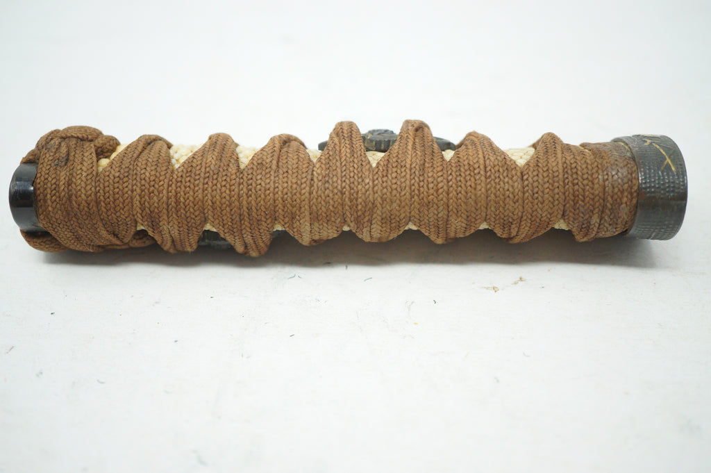 Antique Edo Period Japanese Wakizashi Tsuka • Floral & Arrow Gold Inlay Fuchi • Naturalistic Menuki Sword Handle 0623G10