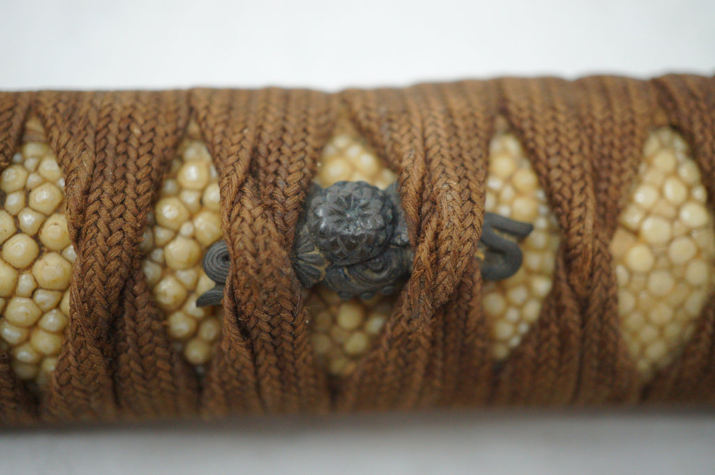 Antique Edo Period Japanese Wakizashi Tsuka • Floral & Arrow Gold Inlay Fuchi • Naturalistic Menuki Sword Handle 0623G10