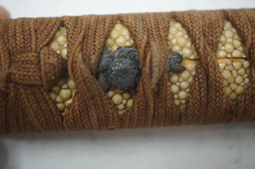 Antique Edo Period Japanese Wakizashi Tsuka • Floral & Arrow Gold Inlay Fuchi • Naturalistic Menuki Sword Handle 0623G10