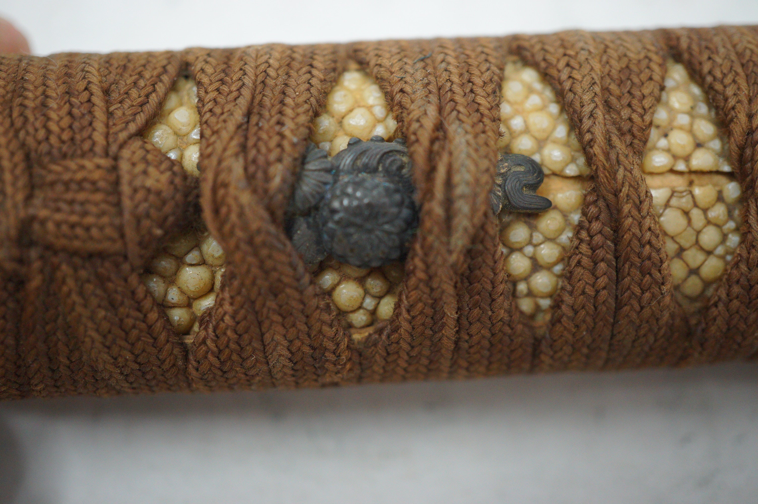Antique Edo Period Japanese Wakizashi Tsuka • Floral & Arrow Gold Inlay Fuchi • Naturalistic Menuki Sword Handle 0623G10