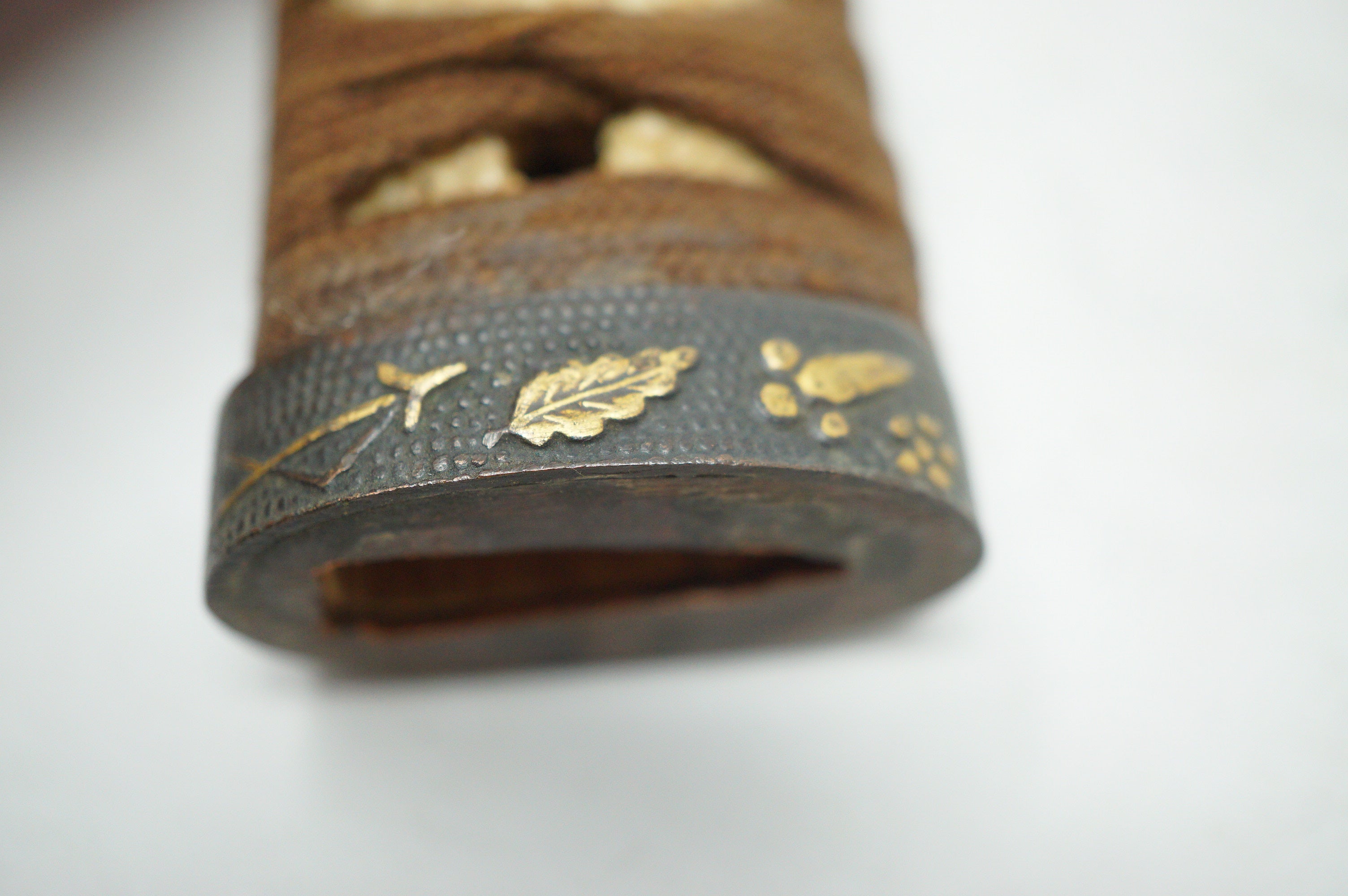 Antique Edo Period Japanese Wakizashi Tsuka • Floral & Arrow Gold Inlay Fuchi • Naturalistic Menuki Sword Handle 0623G10