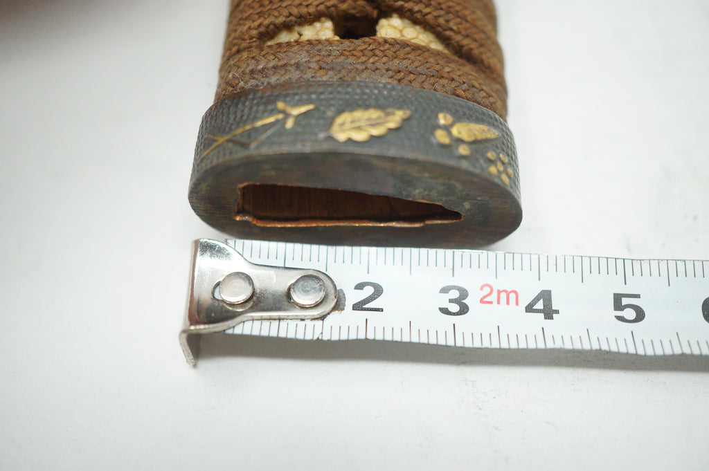 Antique Edo Period Japanese Wakizashi Tsuka • Floral & Arrow Gold Inlay Fuchi • Naturalistic Menuki Sword Handle 0623G10