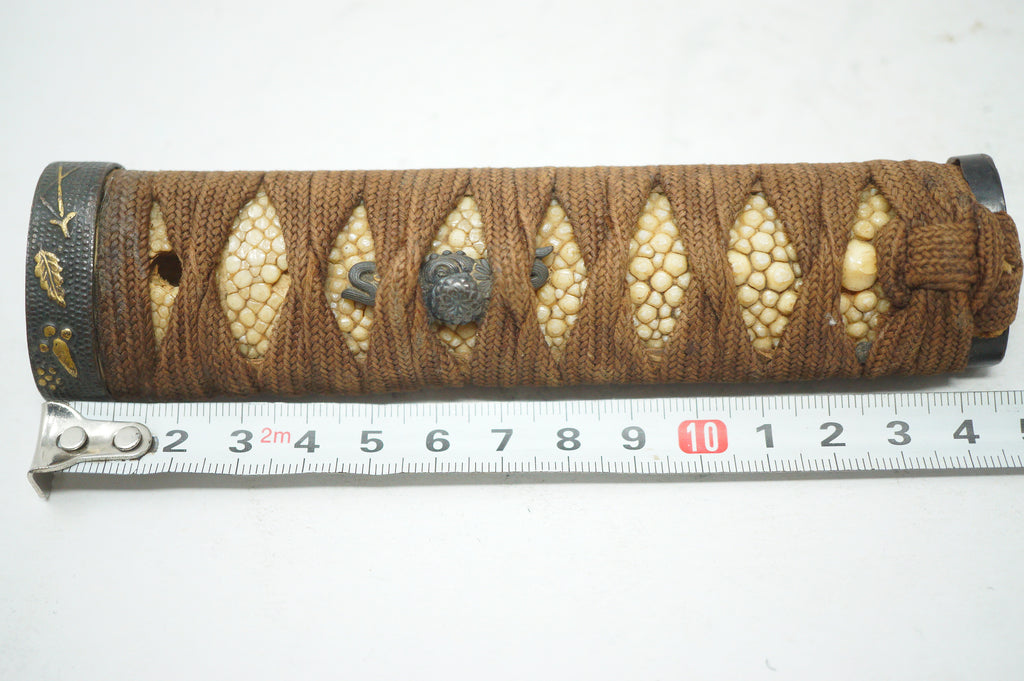 Antique Edo Period Japanese Wakizashi Tsuka • Floral & Arrow Gold Inlay Fuchi • Naturalistic Menuki Sword Handle 0623G10