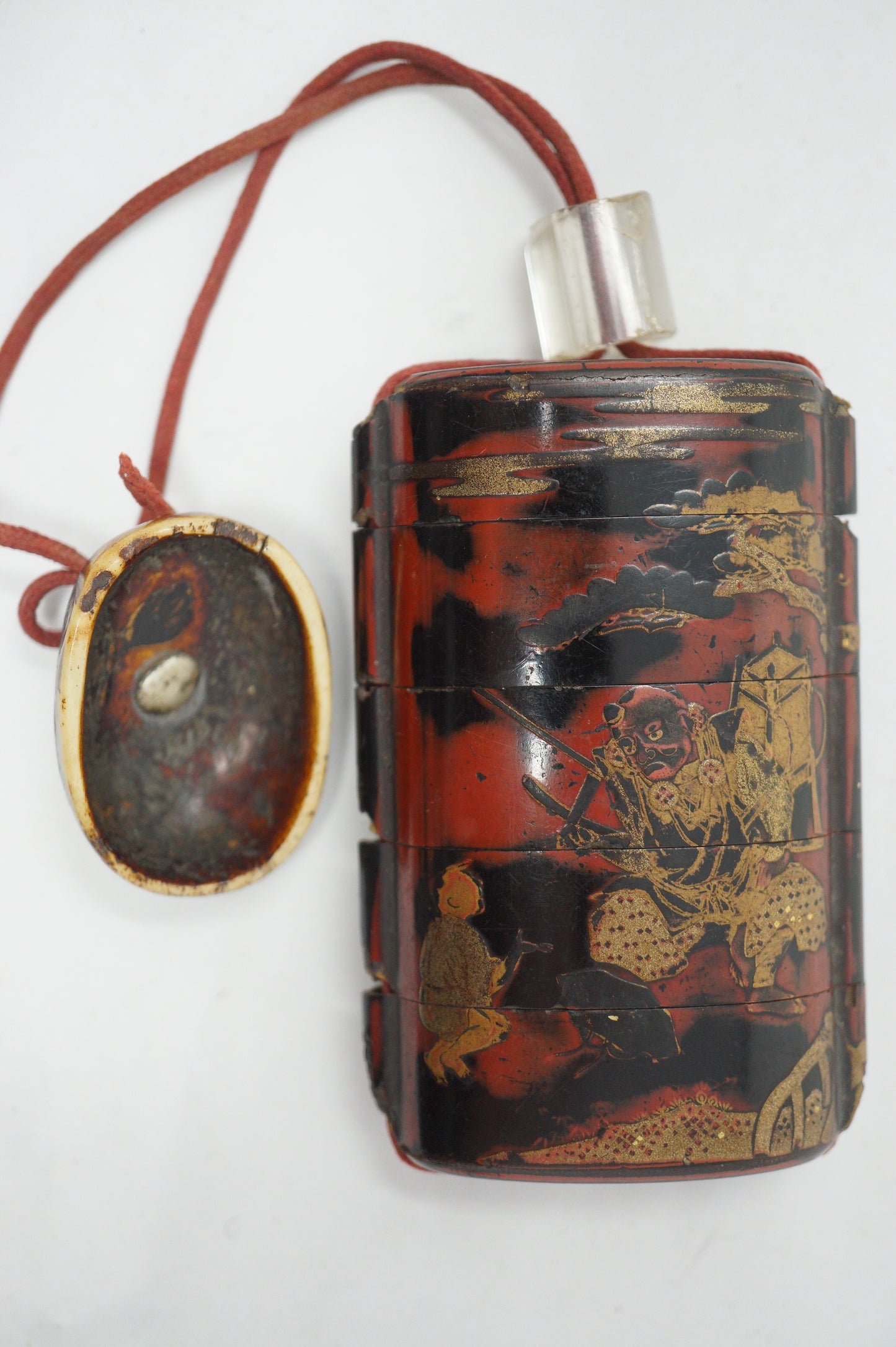 Antique Inro Netsuke & Ojime "Bonsai Tengu Demon & Boy" Design with Maki-e from Japan 0204F10