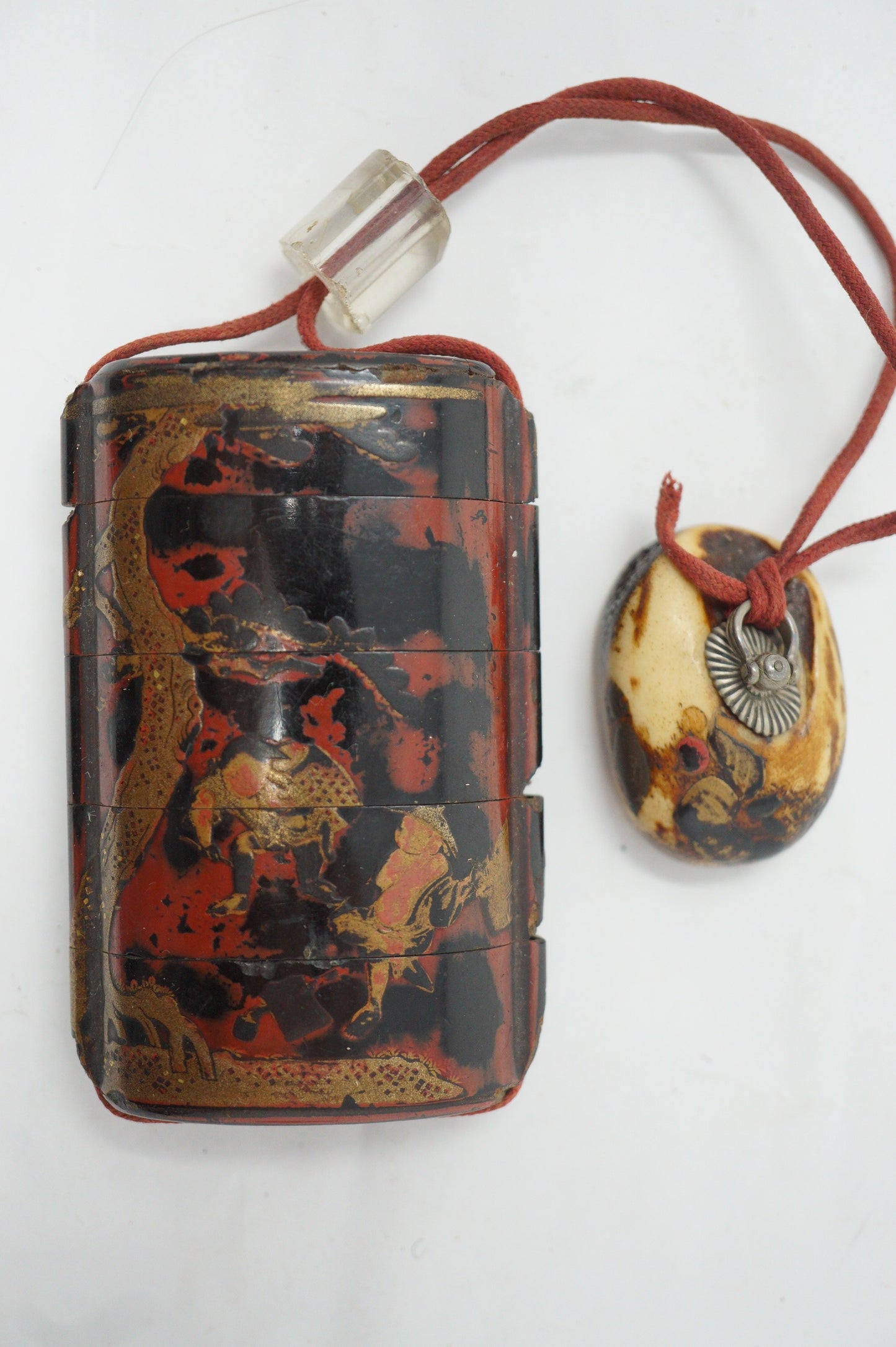 Antique Inro Netsuke & Ojime "Bonsai Tengu Demon & Boy" Design with Maki-e from Japan 0204F10