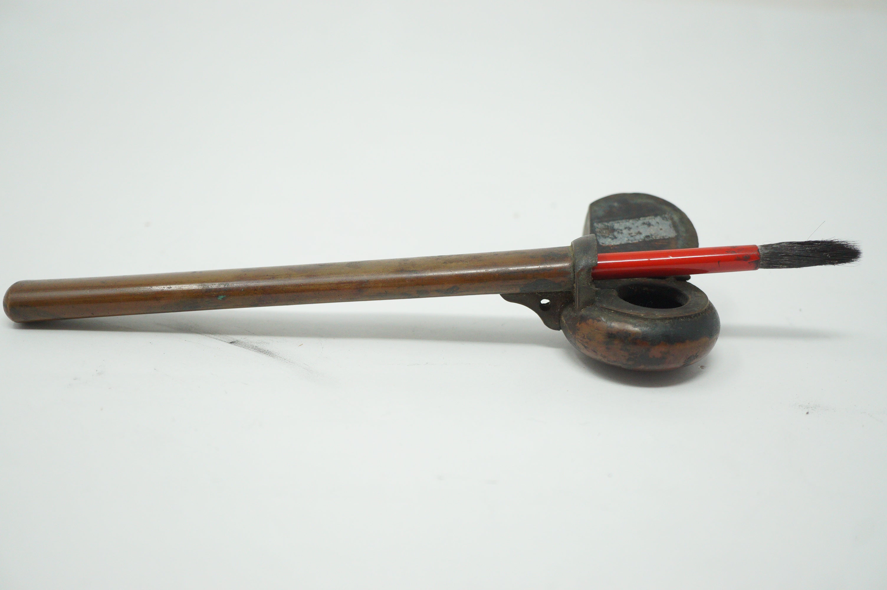 Japanese Portable Calligraphy Ink Container Antique Yatate made of Copper incl. Brush 0930F10