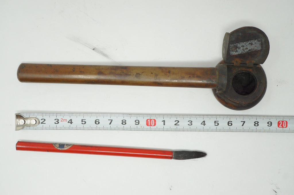 Japanese Portable Calligraphy Ink Container Antique Yatate made of Copper incl. Brush 0930F10