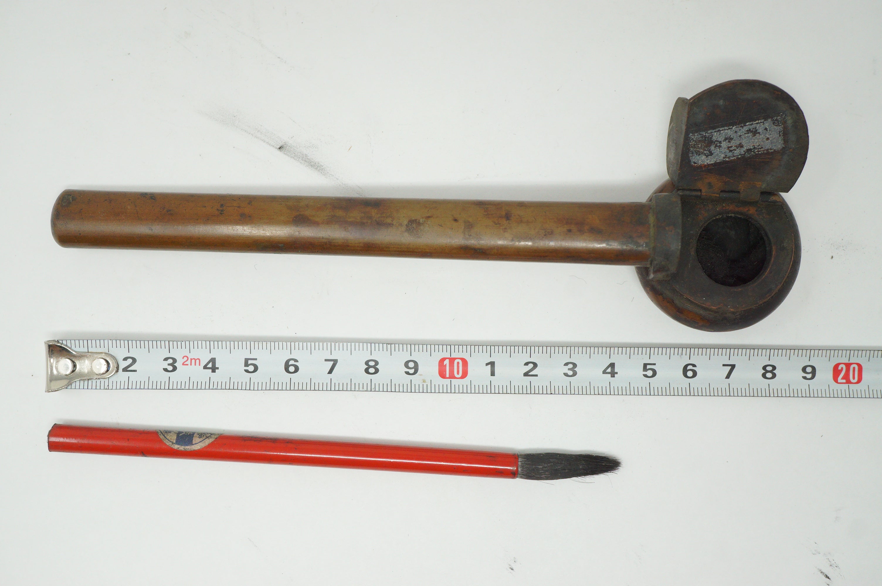 Japanese Portable Calligraphy Ink Container Antique Yatate made of Copper incl. Brush 0930F10