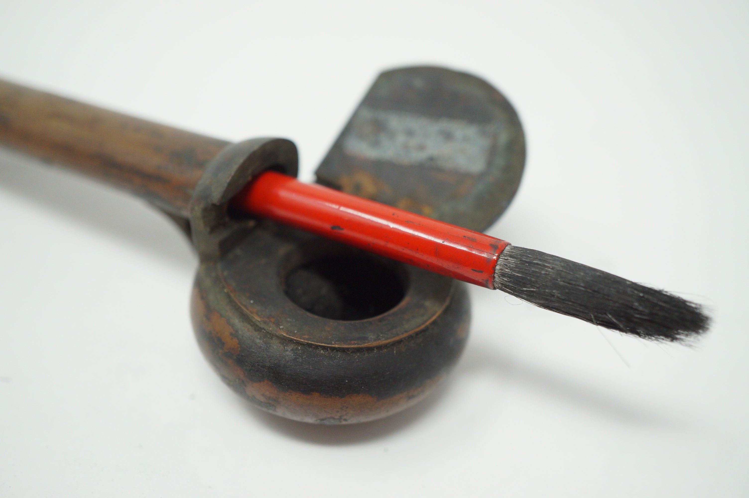 Japanese Portable Calligraphy Ink Container Antique Yatate made of Copper incl. Brush 0930F10