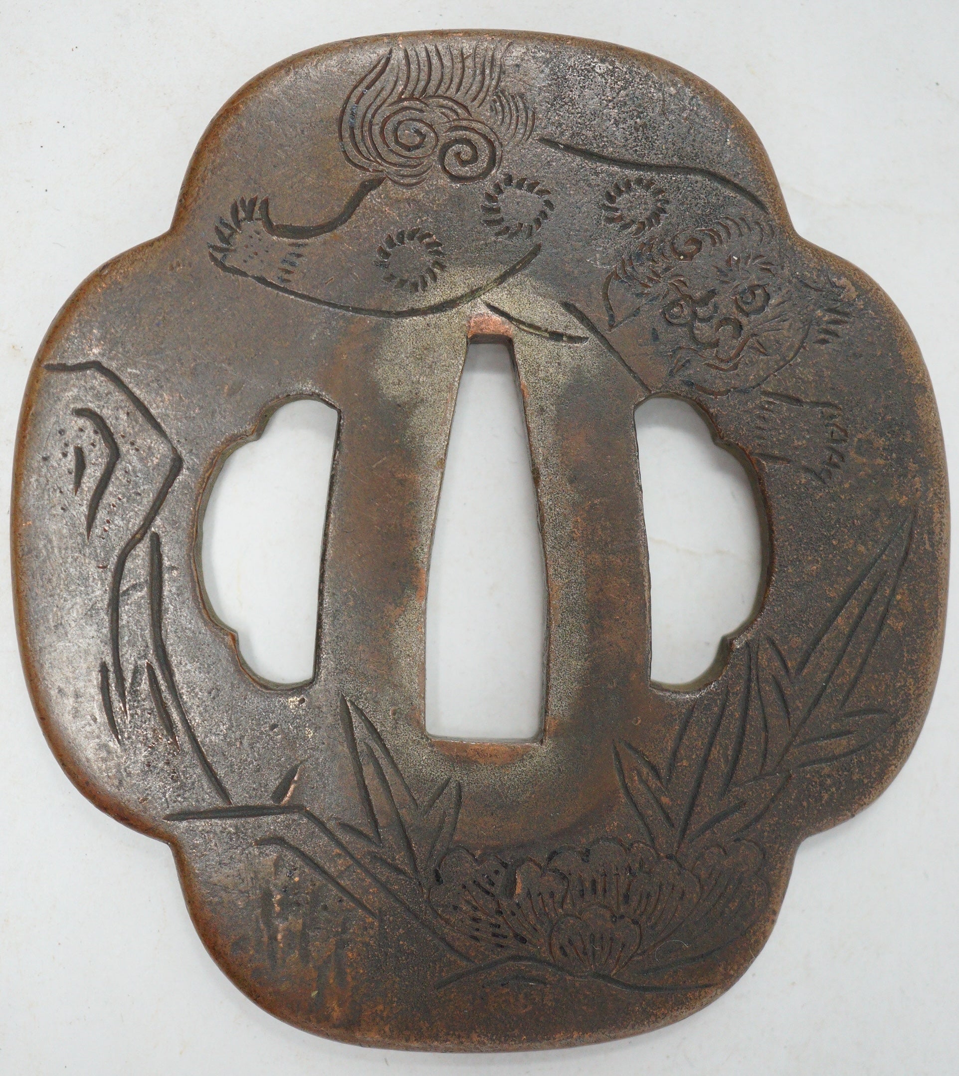 Japanischer Kupfer-Tsuba-Schwertschutz für Wakizashi-Schwerter, Original mit Löwen-Hund-Design 0310F10
