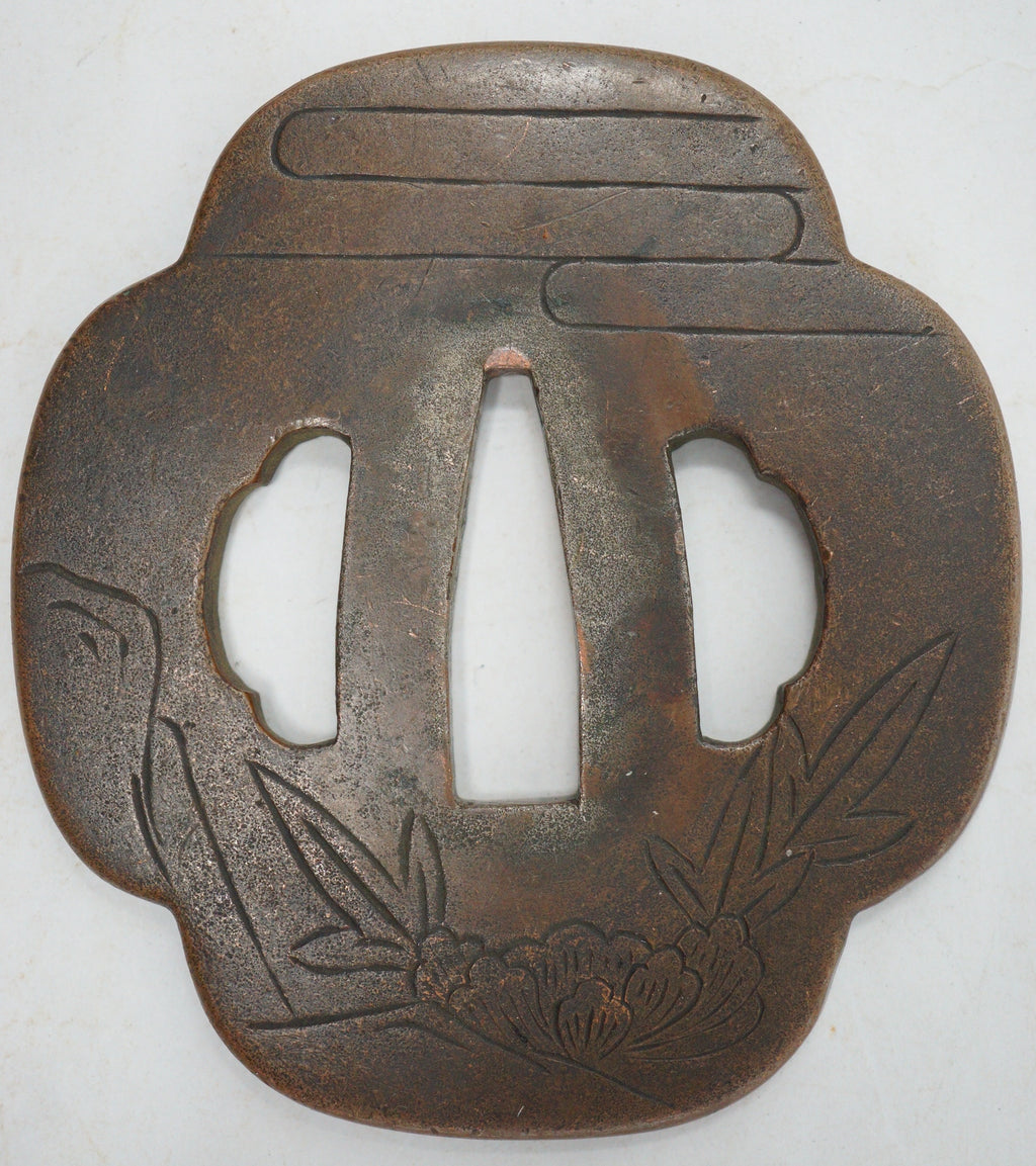 Japanischer Kupfer-Tsuba-Schwertschutz für Wakizashi-Schwerter, Original mit Löwen-Hund-Design 0310F10