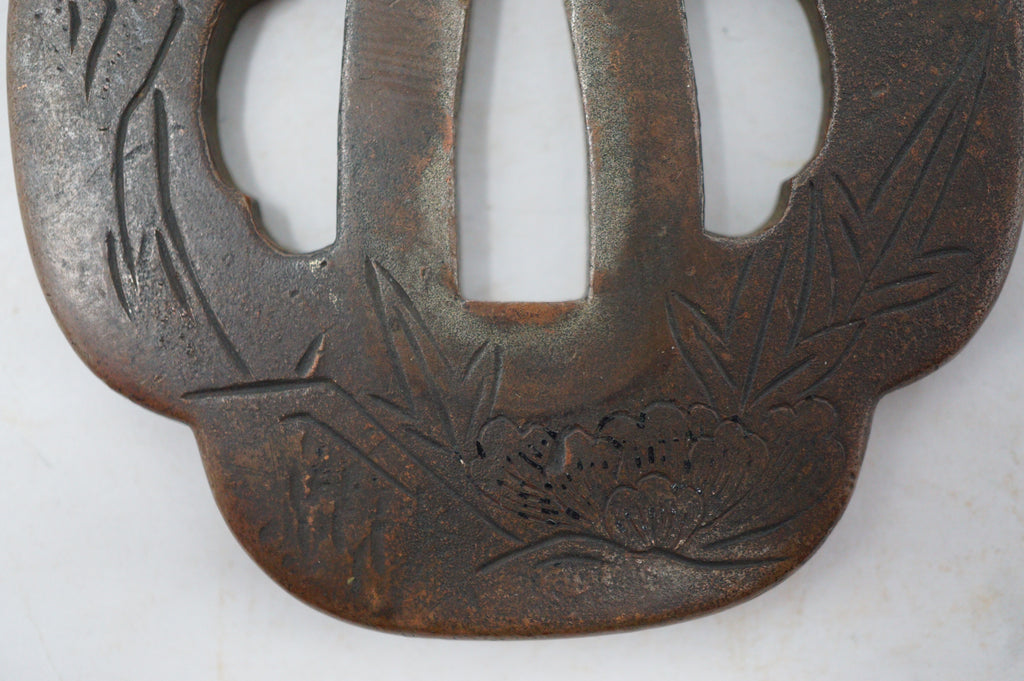Japanischer Kupfer-Tsuba-Schwertschutz für Wakizashi-Schwerter, Original mit Löwen-Hund-Design 0310F10