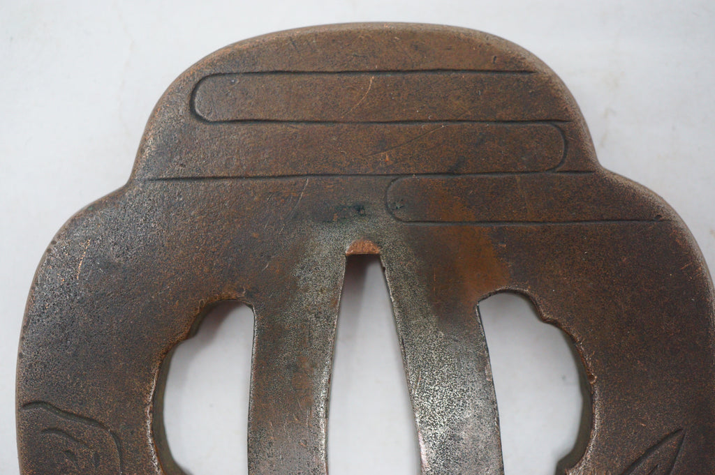 Japanischer Kupfer-Tsuba-Schwertschutz für Wakizashi-Schwerter, Original mit Löwen-Hund-Design 0310F10