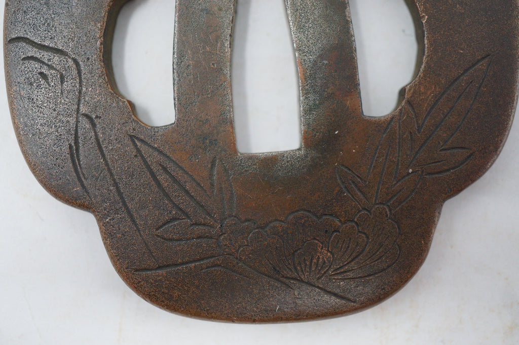 Japanischer Kupfer-Tsuba-Schwertschutz für Wakizashi-Schwerter, Original mit Löwen-Hund-Design 0310F10