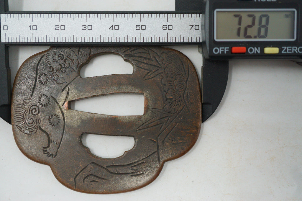 Japanischer Kupfer-Tsuba-Schwertschutz für Wakizashi-Schwerter, Original mit Löwen-Hund-Design 0310F10