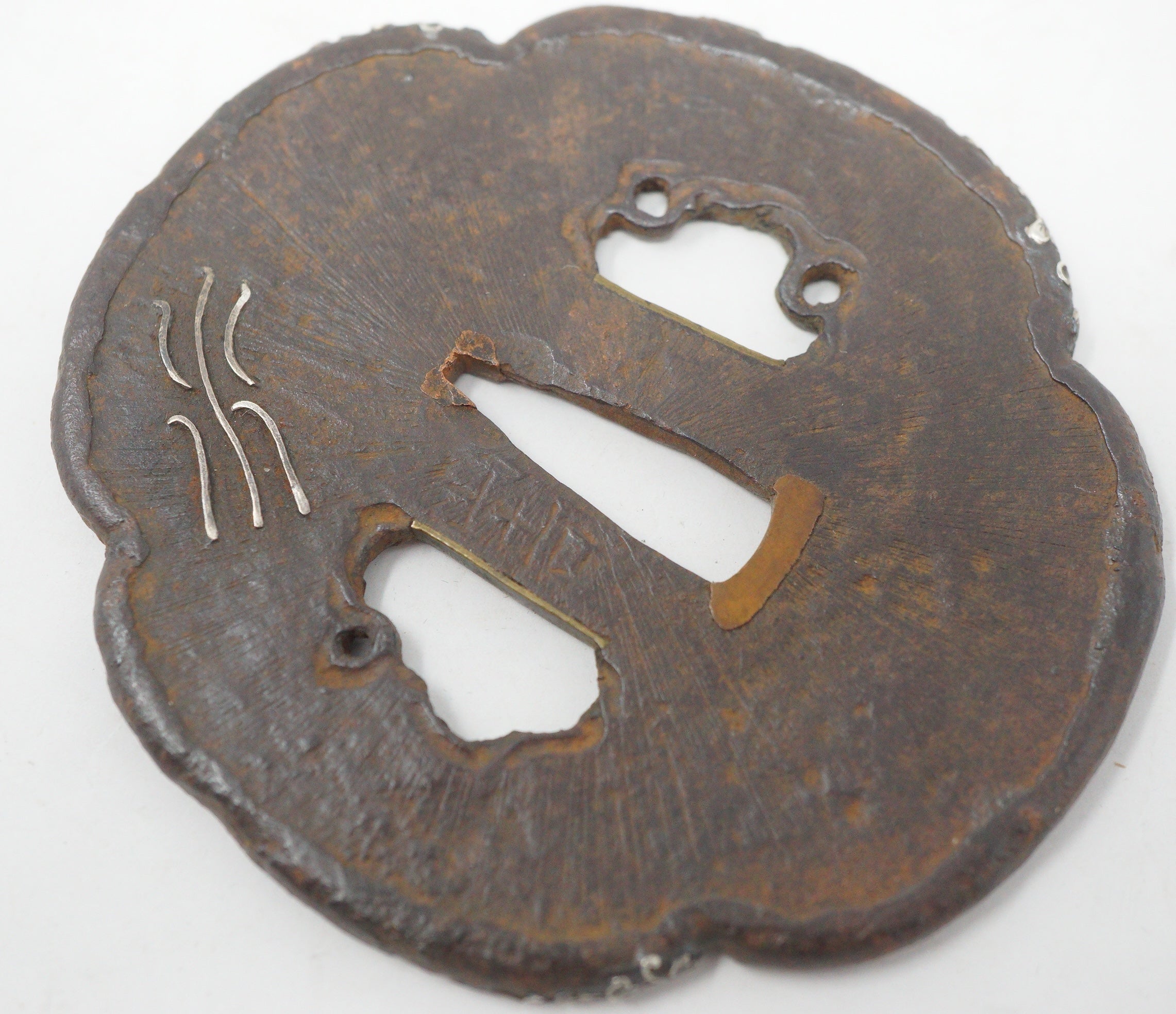Japanese Iron Tsuba Guard for Katana Swords with Silver Inlays & Signed 1127F10