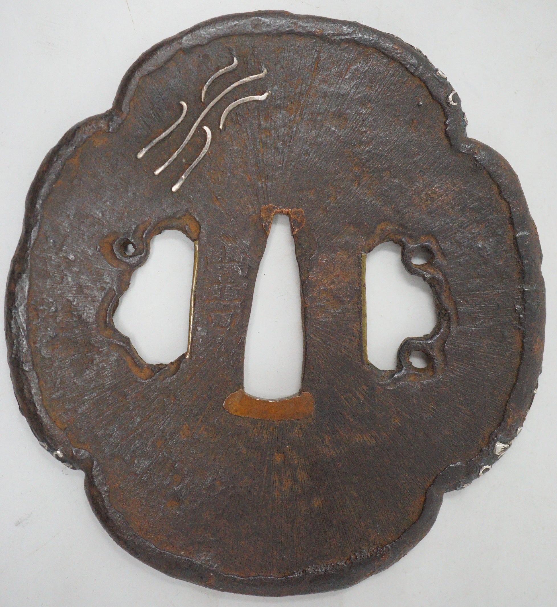 Japanese Iron Tsuba Guard for Katana Swords with Silver Inlays & Signed 1127F10