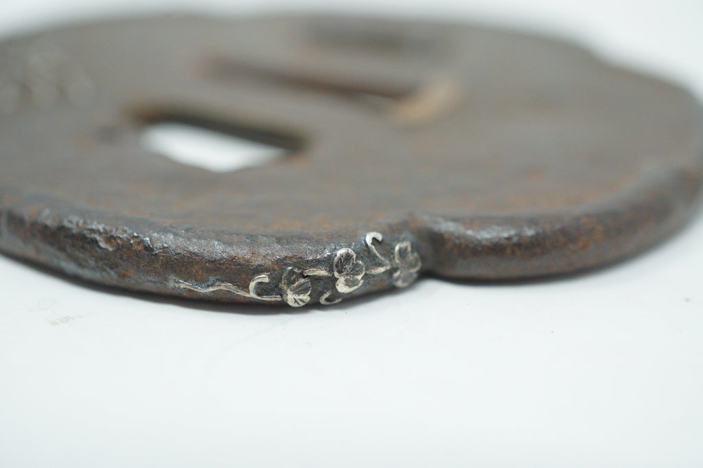Japanese Iron Tsuba Guard for Katana Swords with Silver Inlays & Signed 1127F10