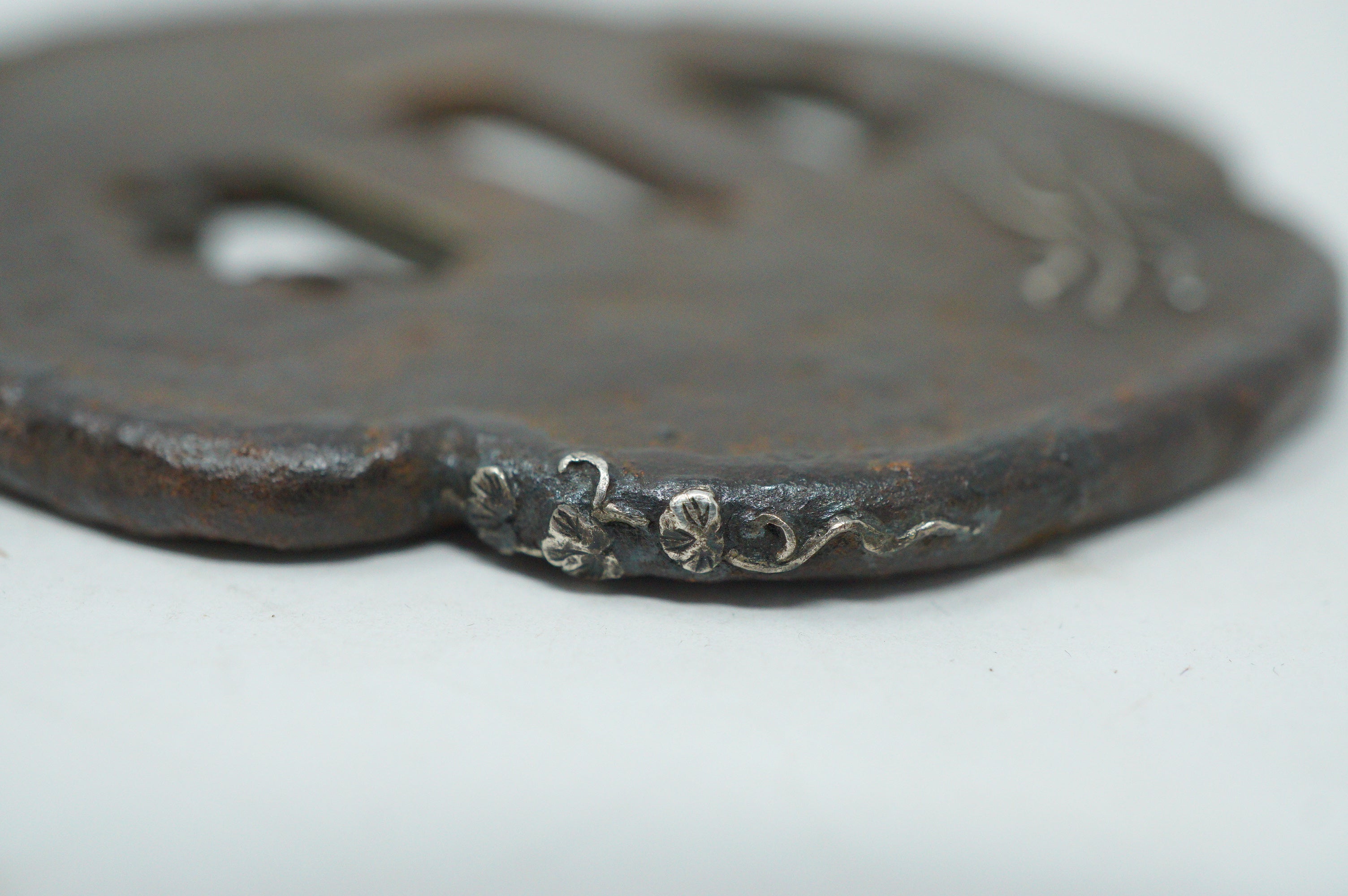 Japanese Iron Tsuba Guard for Katana Swords with Silver Inlays & Signed 1127F10