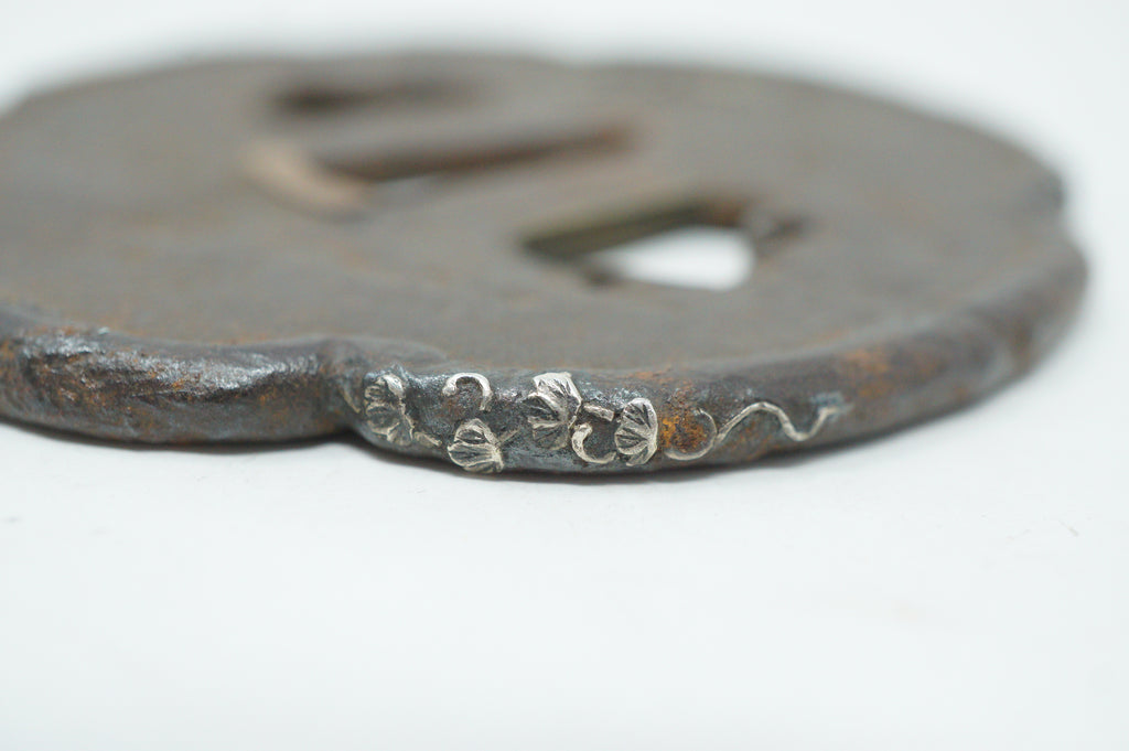 Japanese Iron Tsuba Guard for Katana Swords with Silver Inlays & Signed 1127F10