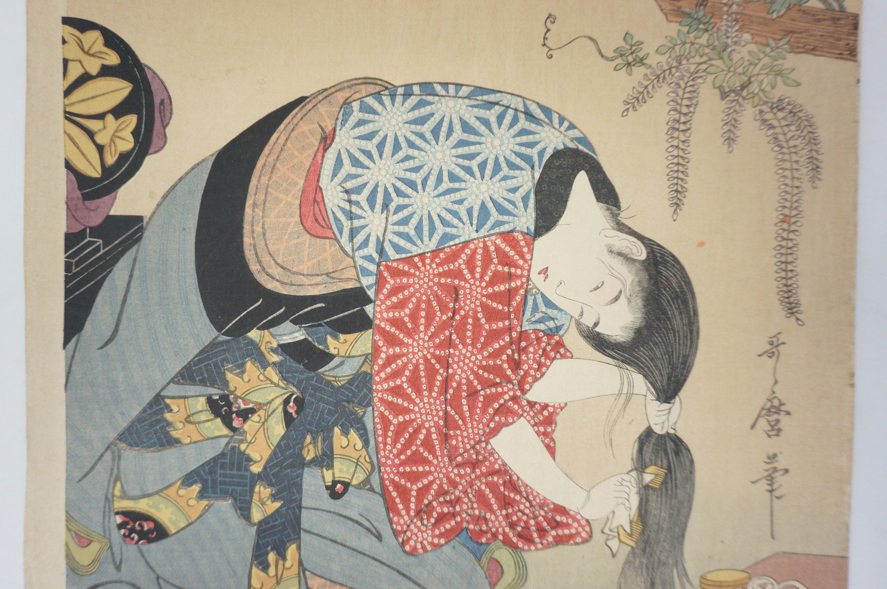 Japanese Woodblock Print Recarved Edition by Kitagawa Utamaro - Geisha Combing Hair 1105D10