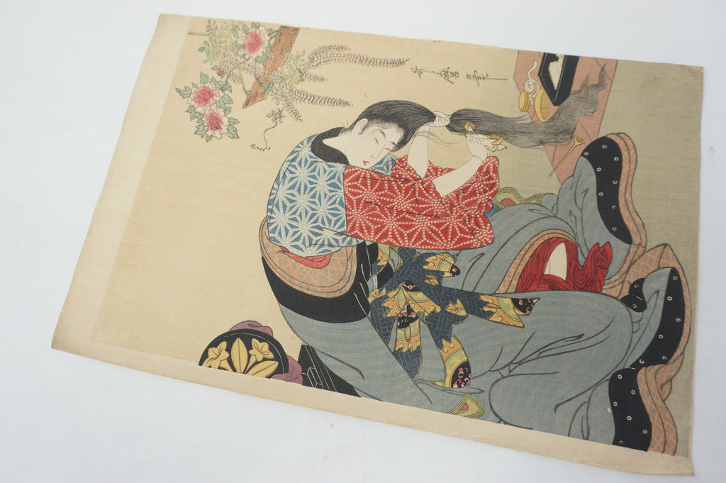 Japanese Woodblock Print Recarved Edition by Kitagawa Utamaro - Geisha Combing Hair 1105D10