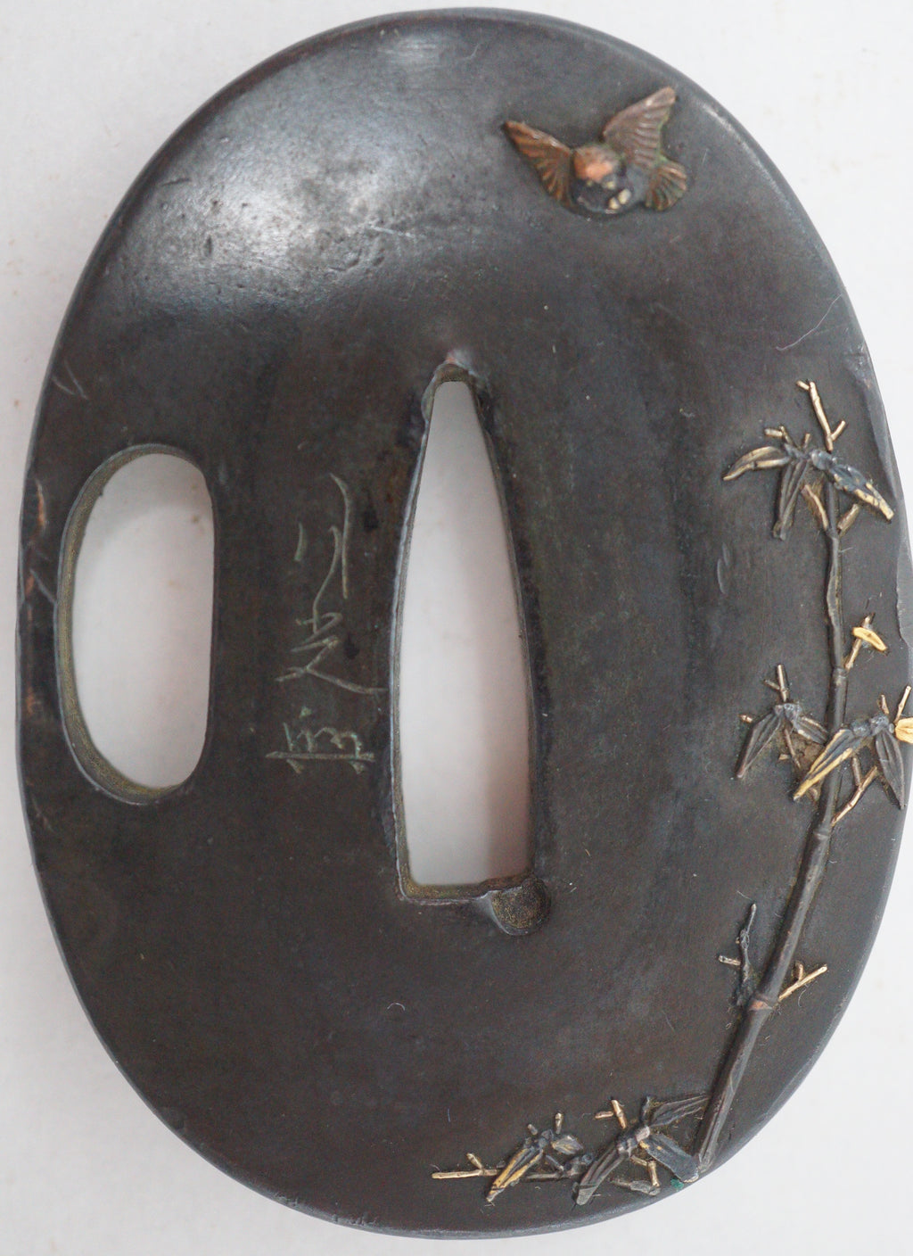 Japanese Tsuba Bronze Tanto Guard with fine Images & Signed 1201F12
