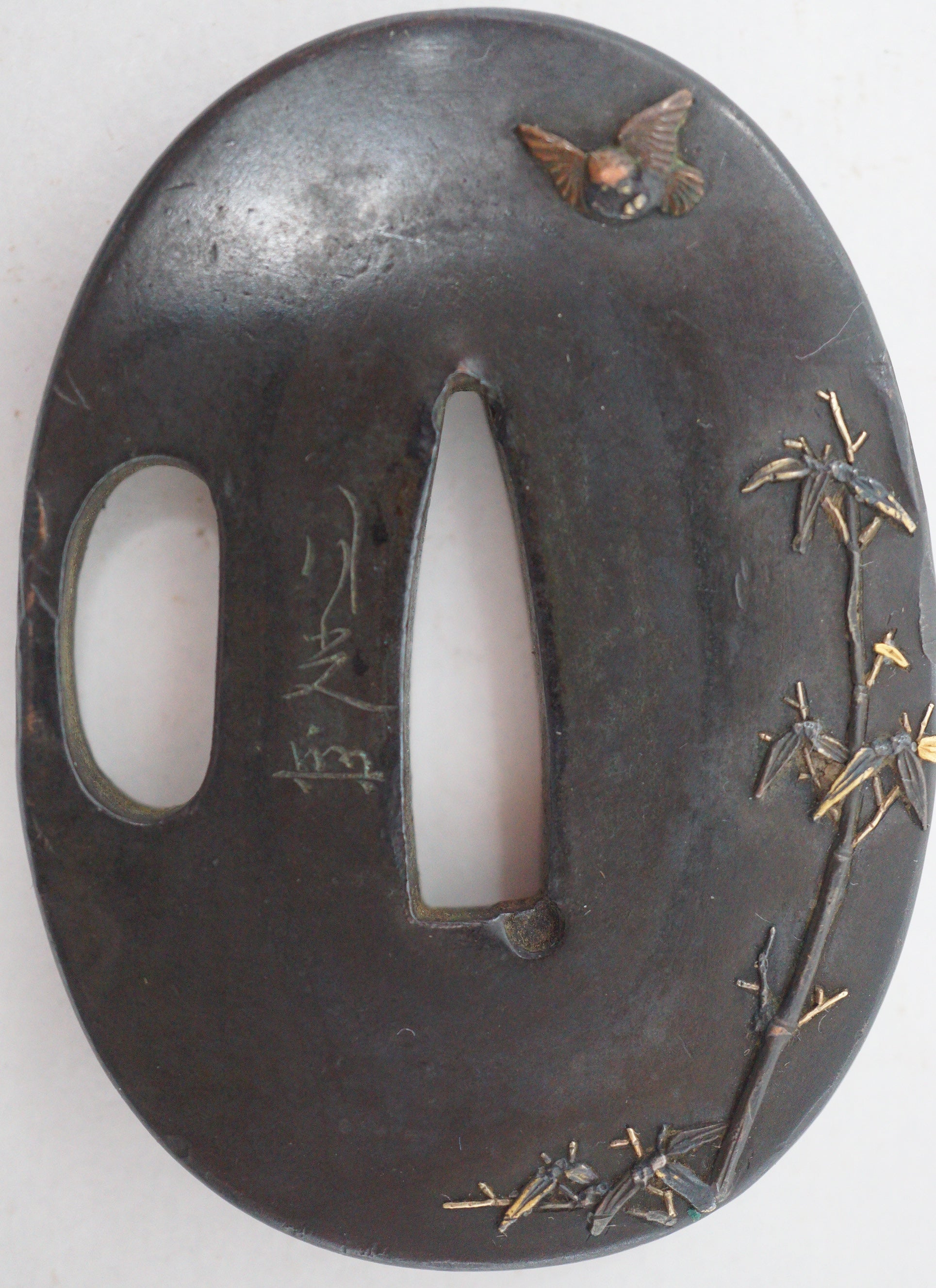 Japanese Tsuba Bronze Tanto Guard with fine Images & Signed 1201F12