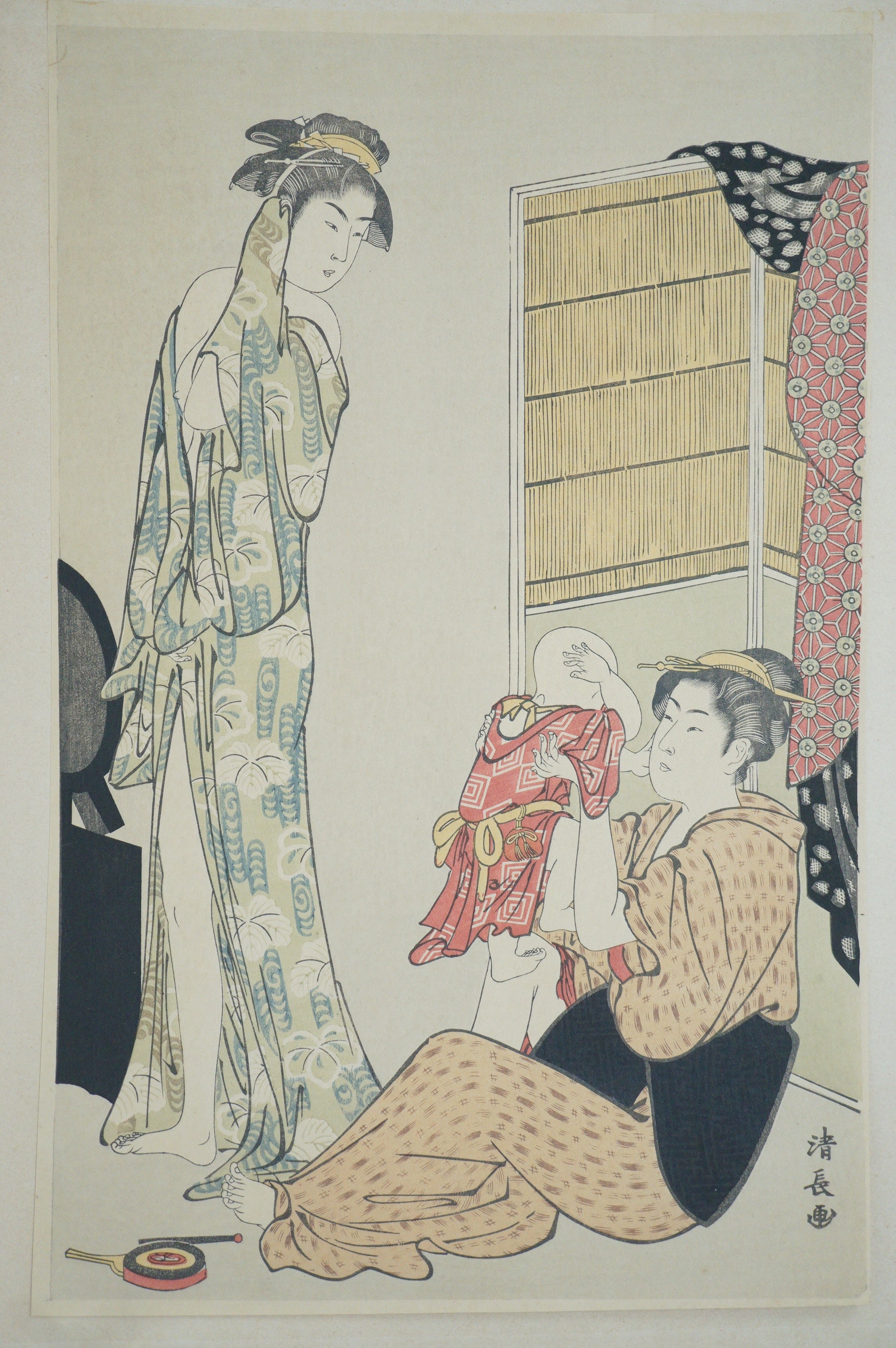 Hochwertiger japanischer Holzschnitt-Nachdruck aus den 1920er-Jahren von Torii Kiyonaga – Frau im Bademantel mit Baby 0904E12