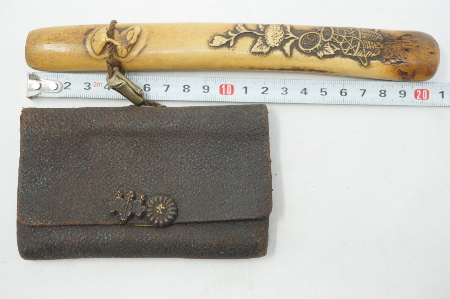 Antique Tobacco-Ire Set with Leather Pouch & Well-Crafted Pipe Container from Japan 1129D12
