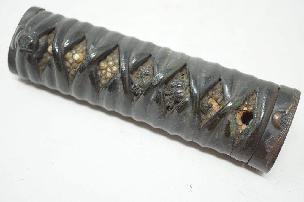 Antique Edo Period Japanese Wakizashi Tsuka • High-Relief Dragon Menuki• Lacquered Cord Wrap Sword Handle 0623G15