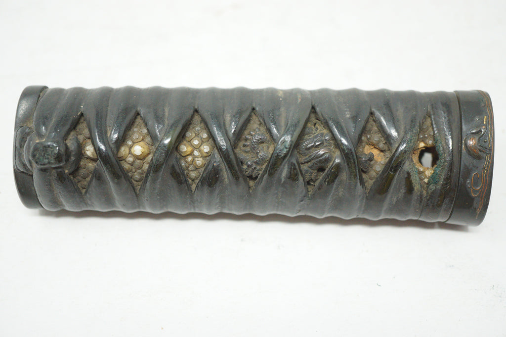 Antique Edo Period Japanese Wakizashi Tsuka • High-Relief Dragon Menuki• Lacquered Cord Wrap Sword Handle 0623G15