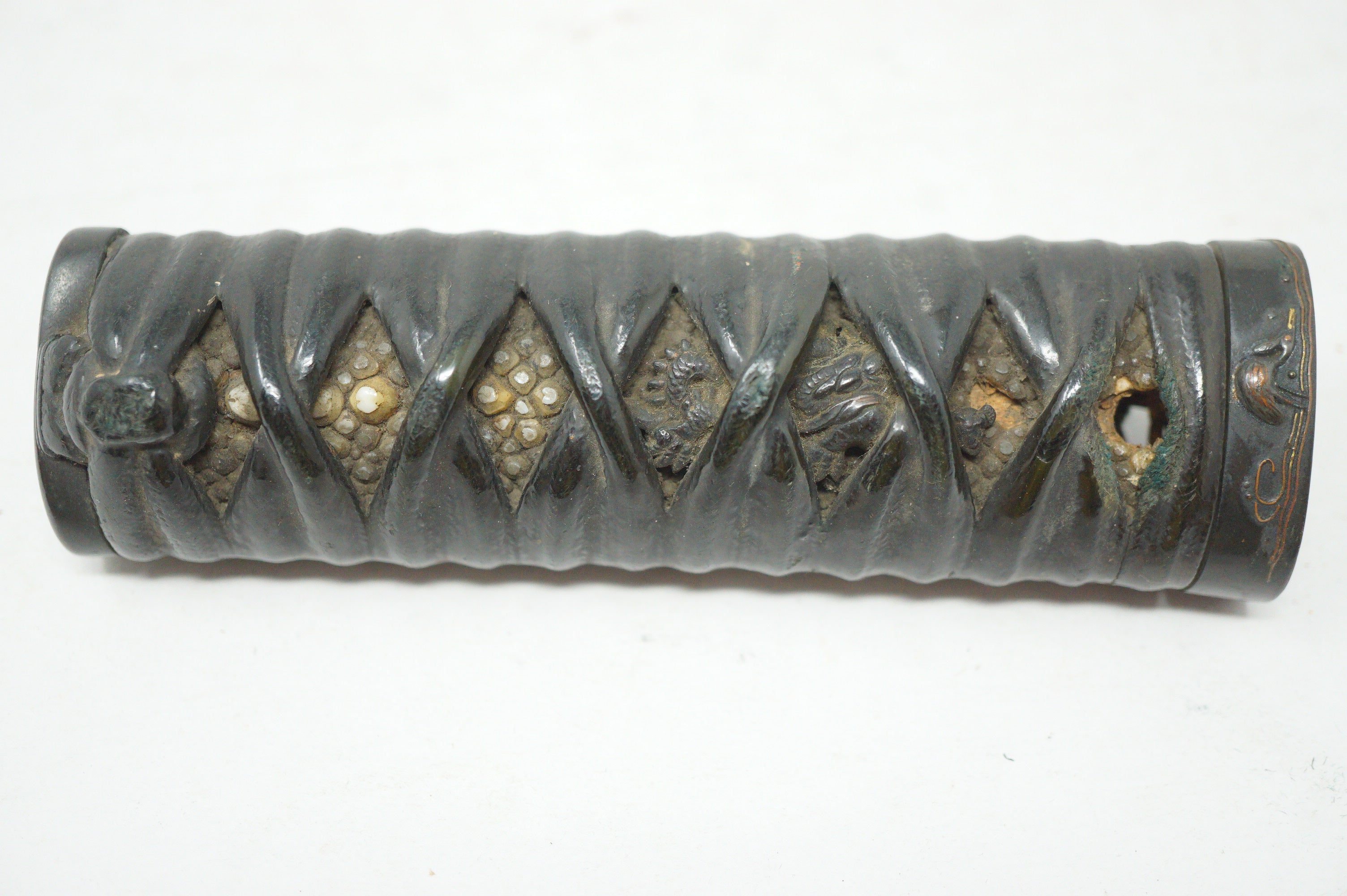 Antique Edo Period Japanese Wakizashi Tsuka • High-Relief Dragon Menuki• Lacquered Cord Wrap Sword Handle 0623G15